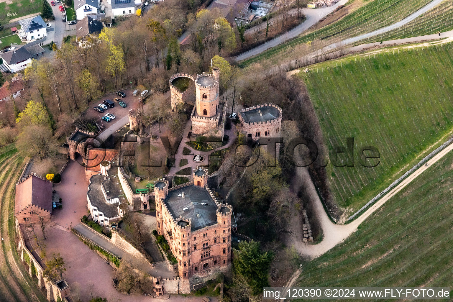 Building the hostel Schloss Ortenberg in Ortenberg in the state Baden-Wurttemberg, Germany from above