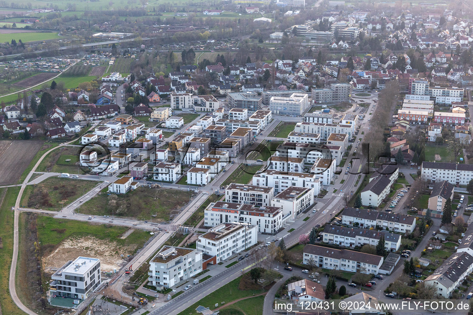 Construction site of a new residential area of the terraced housing estate Im Seidenfaden in Offenburg in the state Baden-Wuerttemberg, Germany