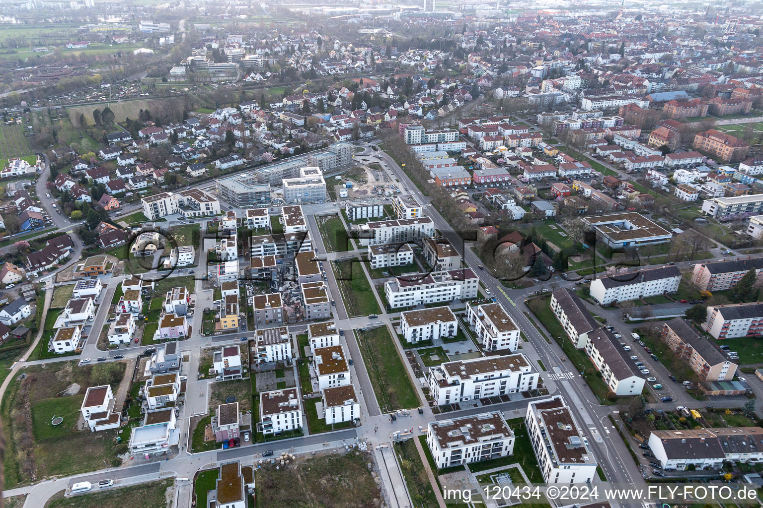 Aerial view of Construction site of a new residential area of the terraced housing estate Im Seidenfaden in Offenburg in the state Baden-Wuerttemberg, Germany