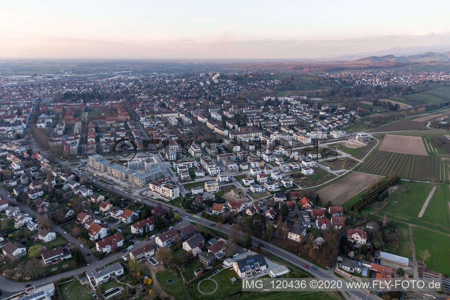 Aerial photograpy of Construction site of a new residential area of the terraced housing estate Im Seidenfaden in Offenburg in the state Baden-Wuerttemberg, Germany