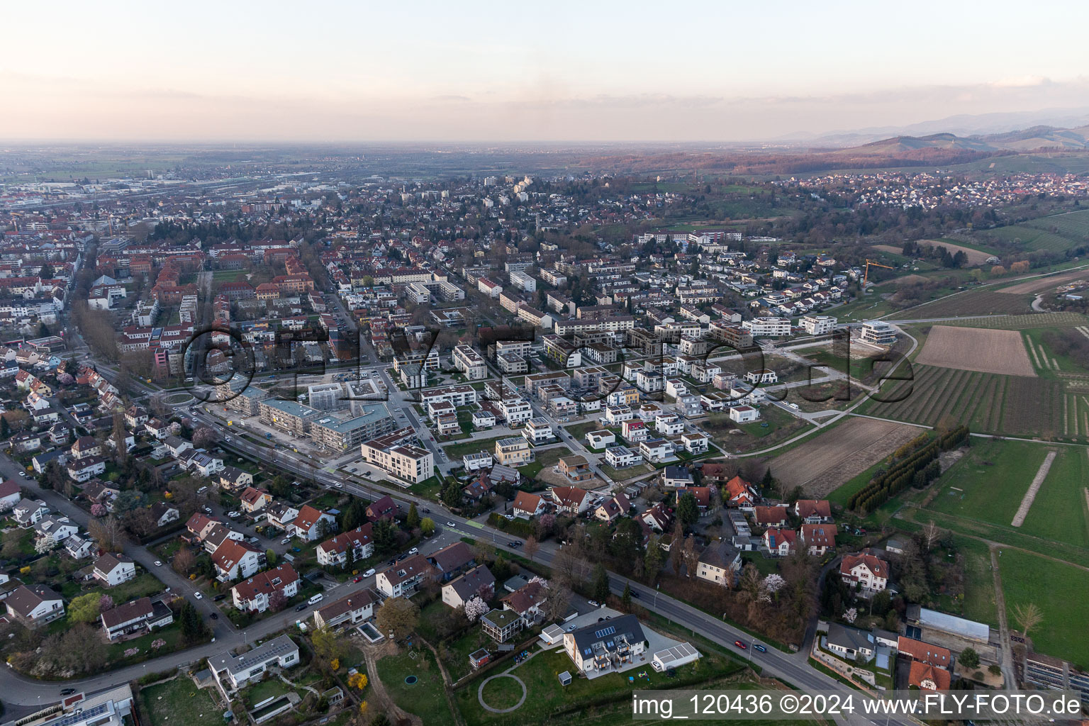 Aerial photograpy of Construction site of a new residential area of the terraced housing estate Im Seidenfaden in Offenburg in the state Baden-Wuerttemberg, Germany