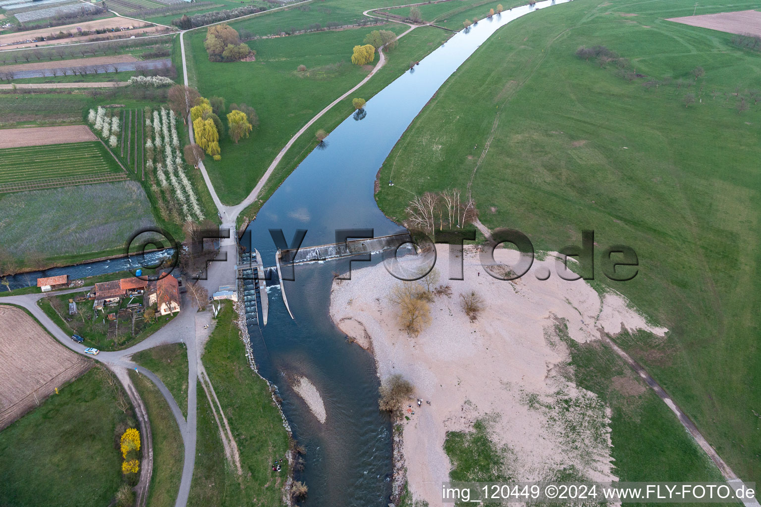 Aerial view of Rest area at the big dike in the district Elgersweier in Offenburg in the state Baden-Wuerttemberg, Germany