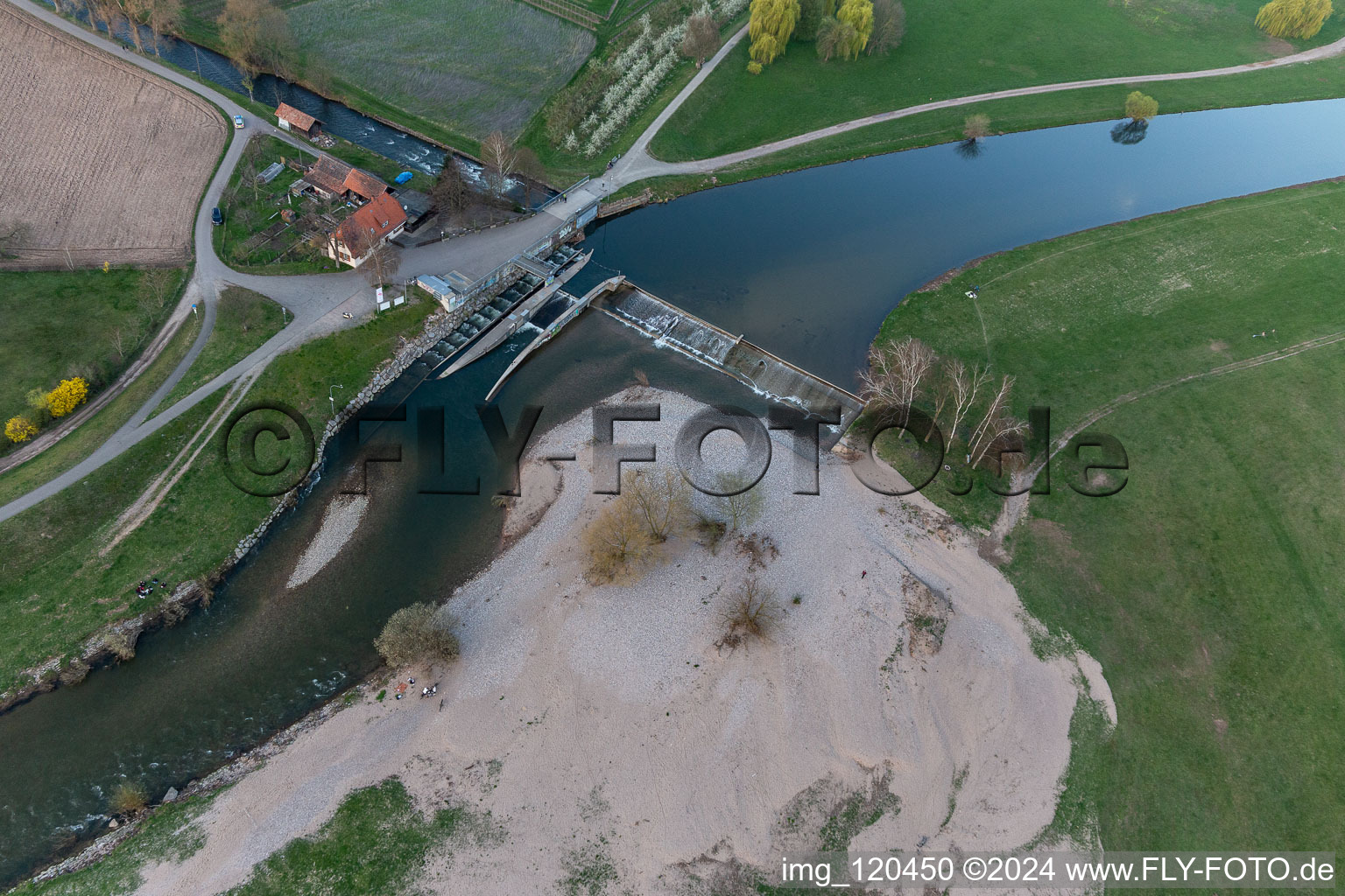 Aerial photograpy of Rest area at the big dike in the district Elgersweier in Offenburg in the state Baden-Wuerttemberg, Germany