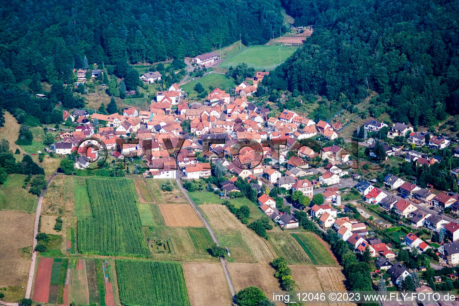 District Gräfenhausen in Annweiler am Trifels in the state Rhineland-Palatinate, Germany from the plane