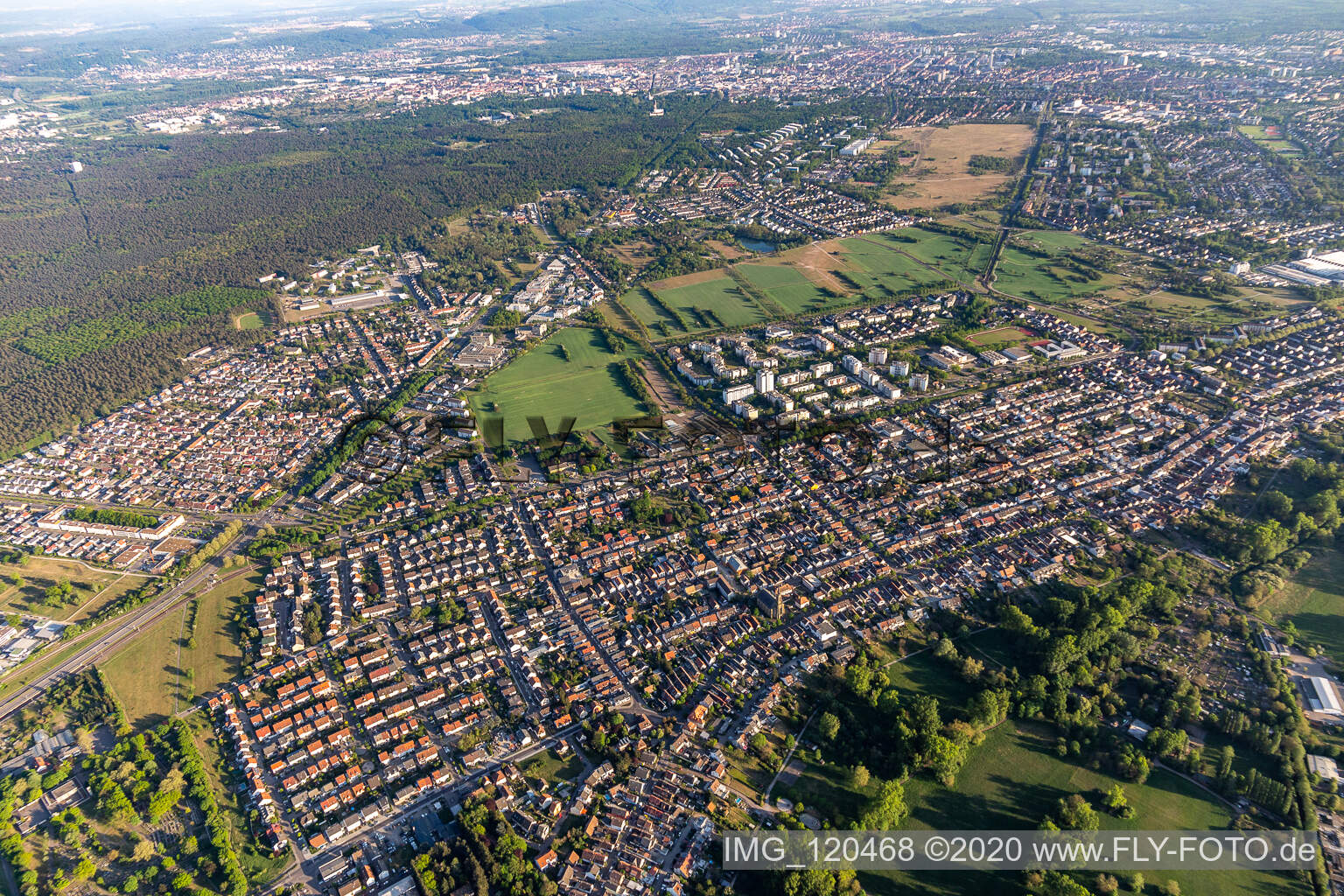 Aerial view of District Neureut in Karlsruhe in the state Baden-Wuerttemberg, Germany