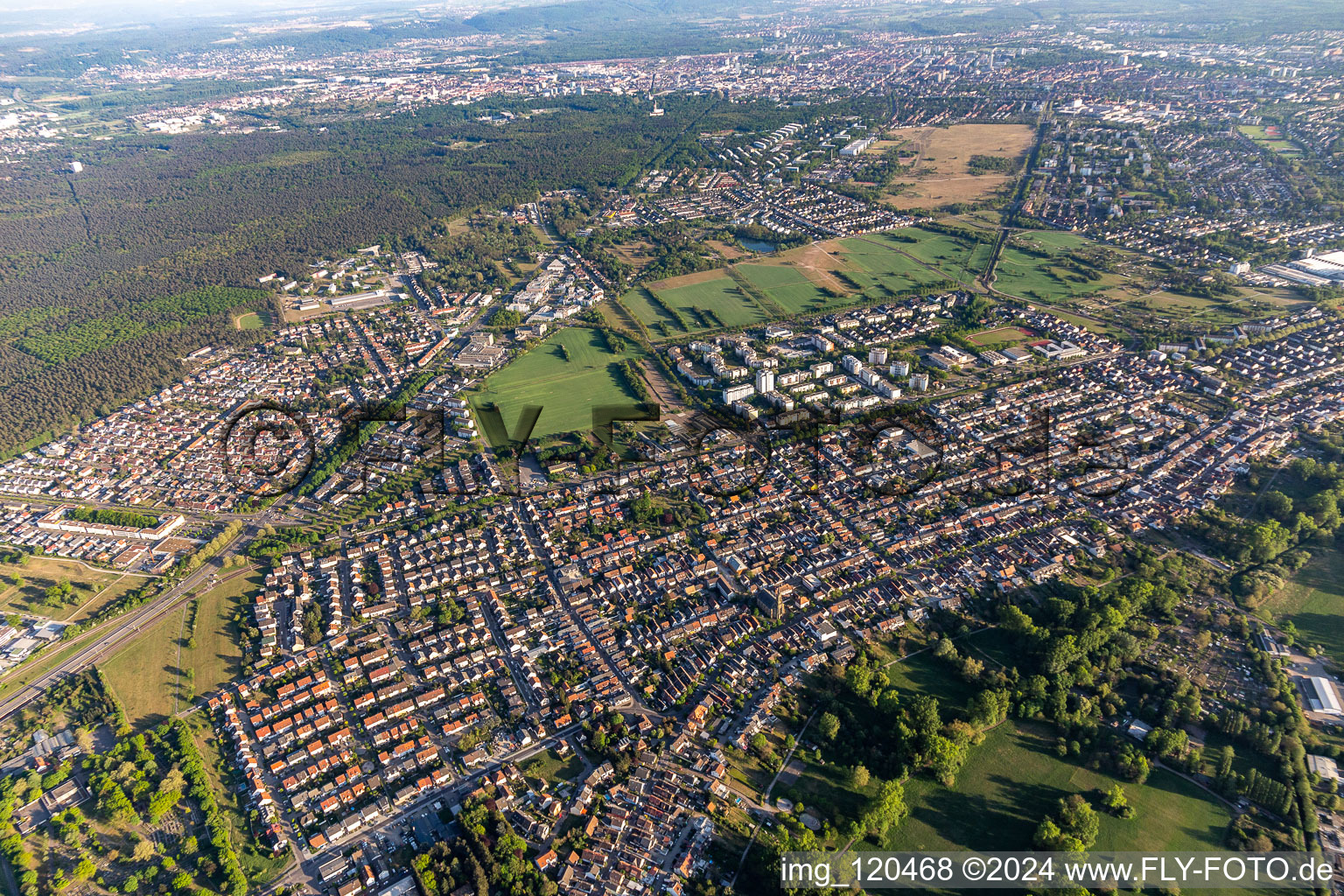 Aerial view of District Neureut in Karlsruhe in the state Baden-Wuerttemberg, Germany