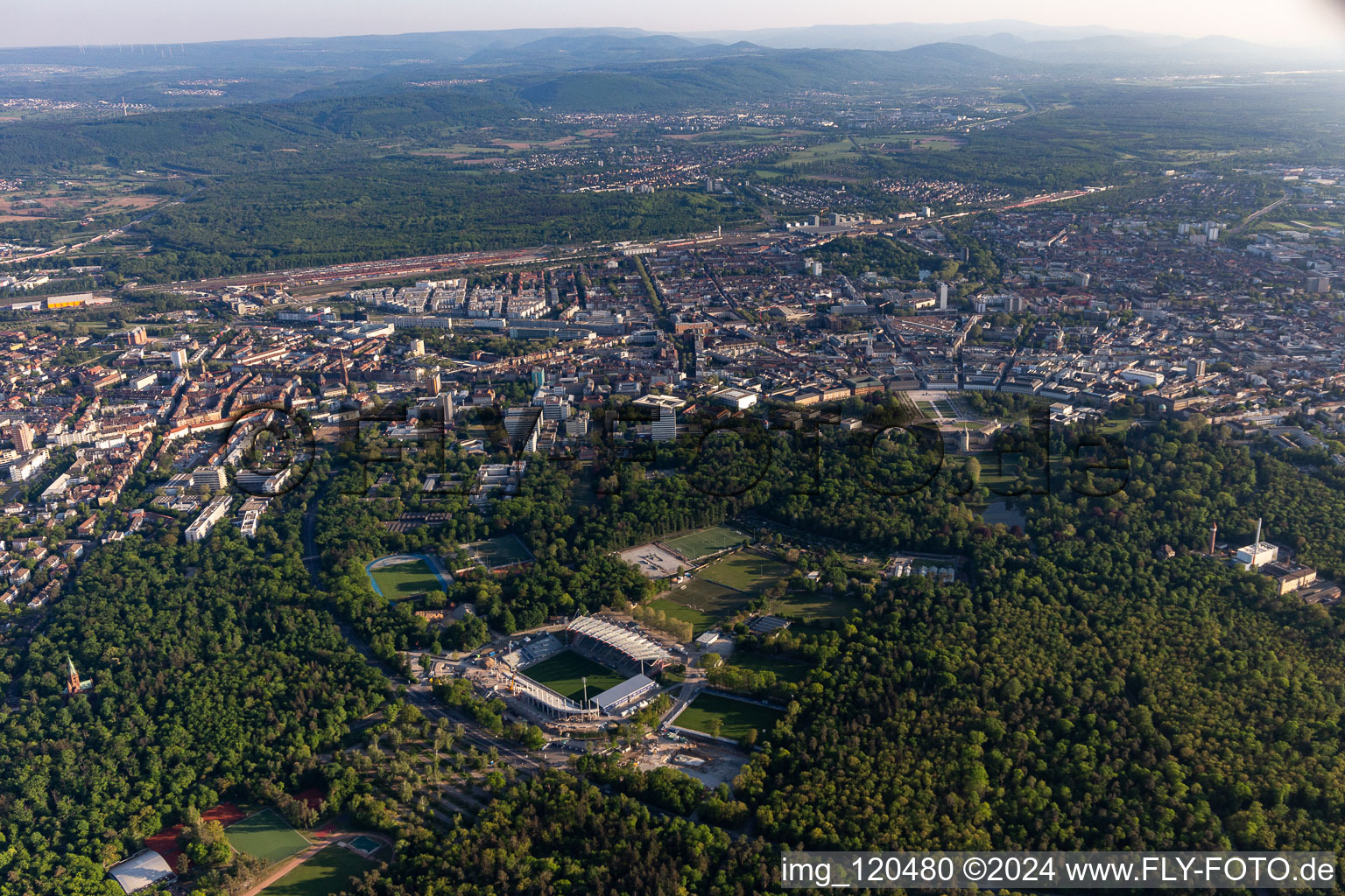 Aerial view of Extension and conversion site on the sports ground of the stadium " Wildparkstadion " in Karlsruhe in the state Baden-Wurttemberg, Germany