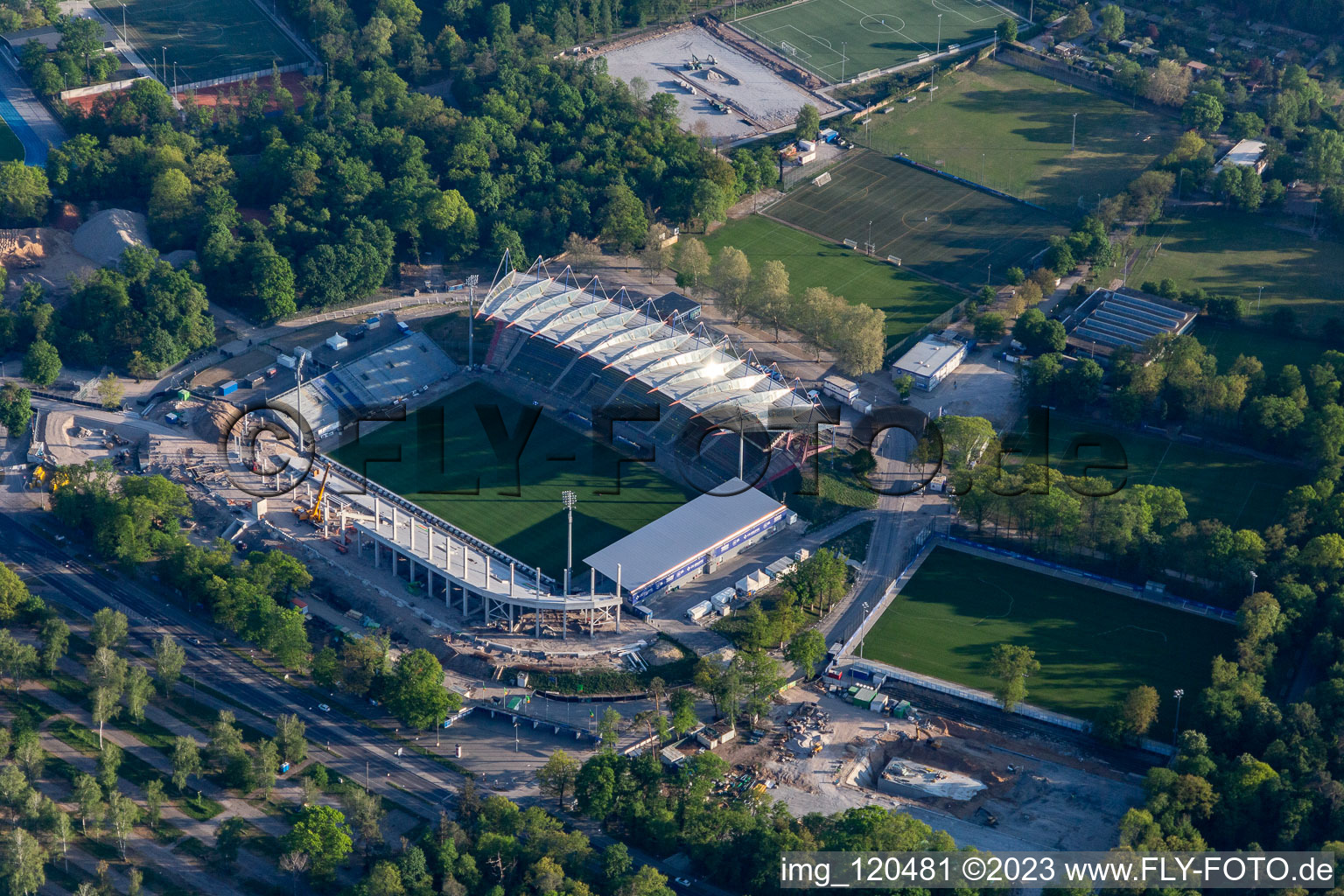 Aerial photograpy of Extension and conversion site on the sports ground of the stadium " Wildparkstadion " in Karlsruhe in the state Baden-Wurttemberg, Germany