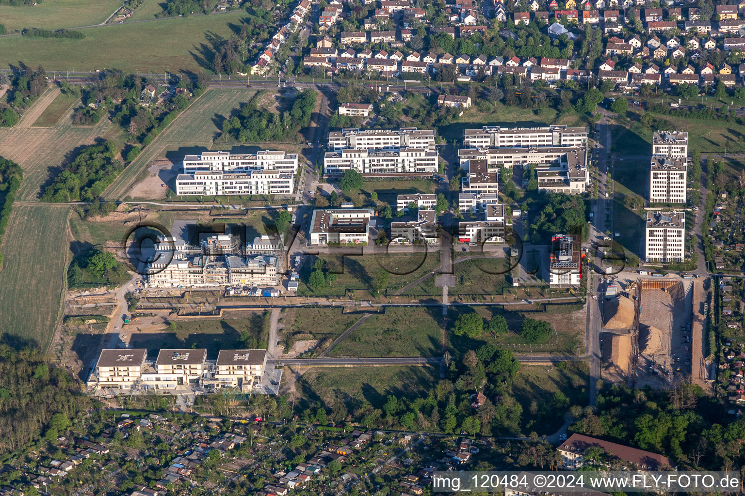 Technology Park in the district Rintheim in Karlsruhe in the state Baden-Wuerttemberg, Germany from the drone perspective