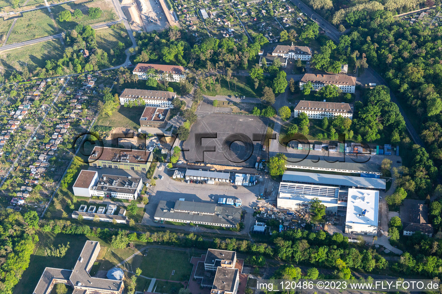Aerial view of KIT Campus East in the district Rintheim in Karlsruhe in the state Baden-Wuerttemberg, Germany