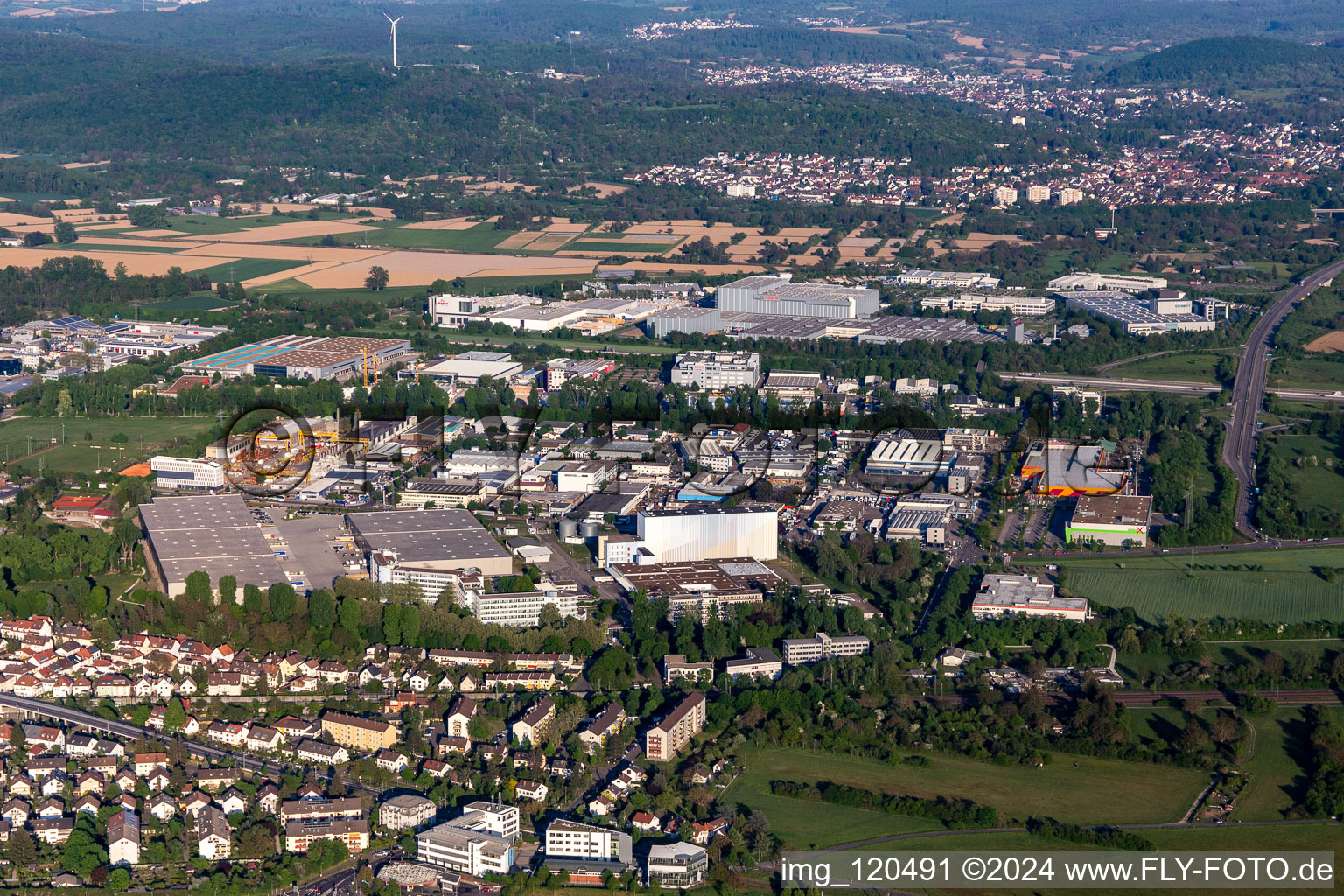 Industrial area An der Tagweide with Würth, Mömax, BAMF, Pfizer, Hegele in the district Hagsfeld in Karlsruhe in the state Baden-Wuerttemberg, Germany