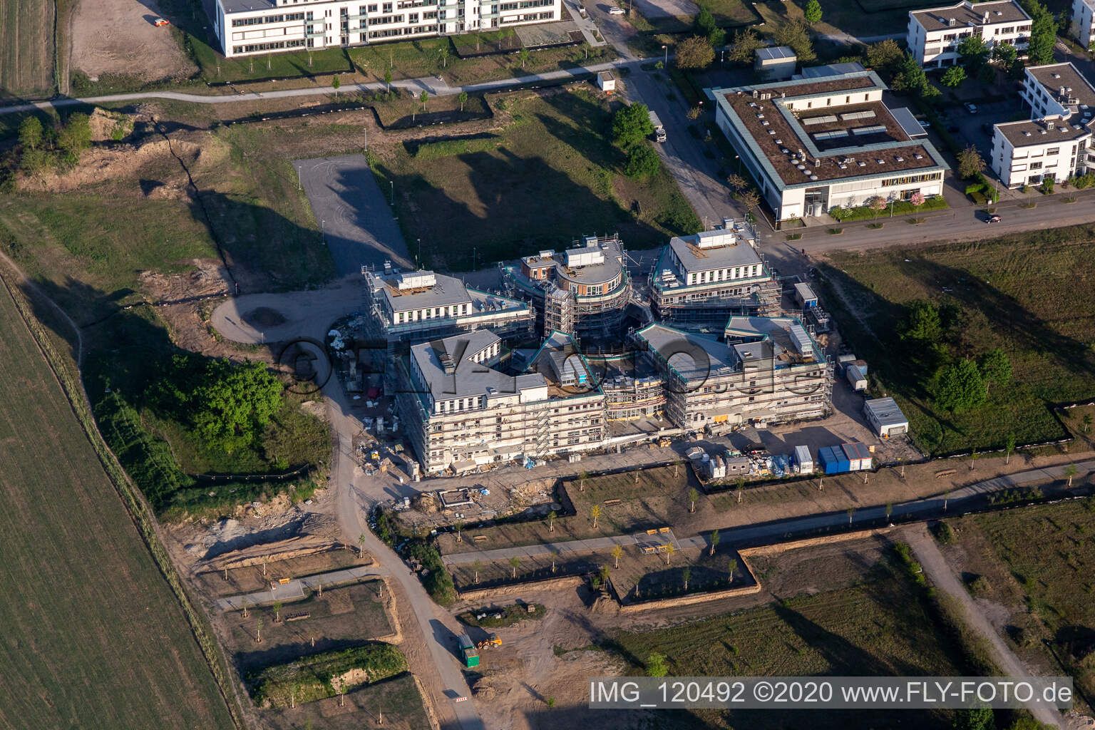 Construction site of the LTC - Linder Technology Campus on Wilhelm-Schickard-Straße in the Technology Park Karlsruhe in the district Rintheim in Karlsruhe in the state Baden-Wuerttemberg, Germany viewn from the air
