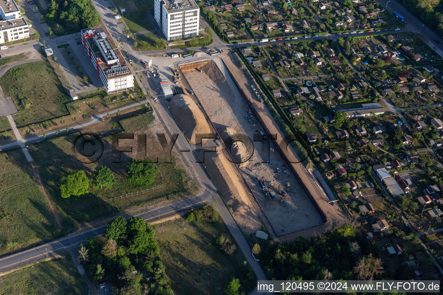 Construction site in the technology park in the district Rintheim in Karlsruhe in the state Baden-Wuerttemberg, Germany