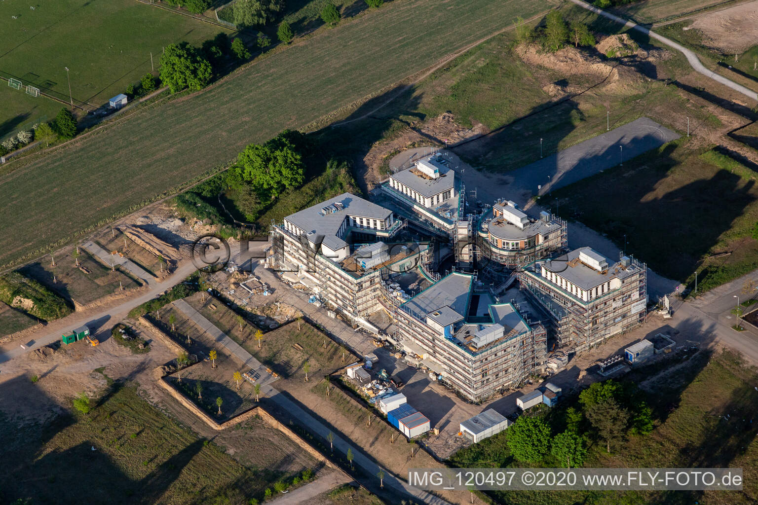 Drone recording of Construction site of the LTC - Linder Technology Campus on Wilhelm-Schickard-Straße in the Technology Park Karlsruhe in the district Rintheim in Karlsruhe in the state Baden-Wuerttemberg, Germany