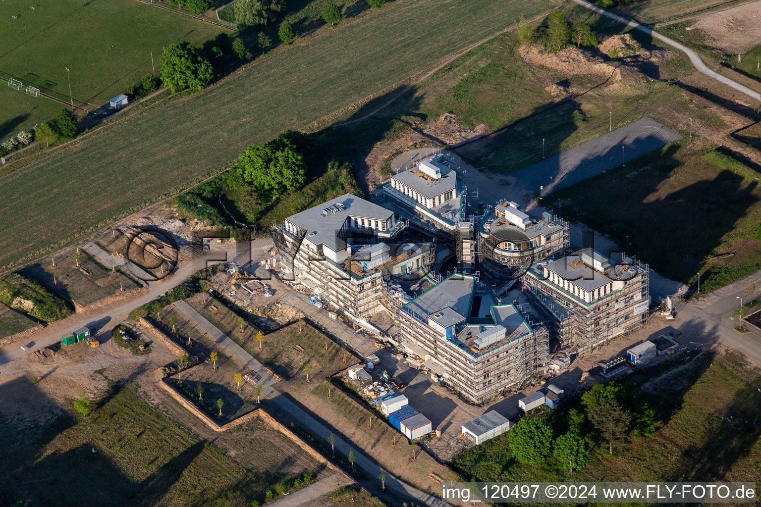 Drone recording of Construction site of the LTC - Linder Technology Campus in Wilhelm-Schickard-Straße in the Technology Park Karlsruhe in the district Rintheim in Karlsruhe in the state Baden-Wuerttemberg, Germany