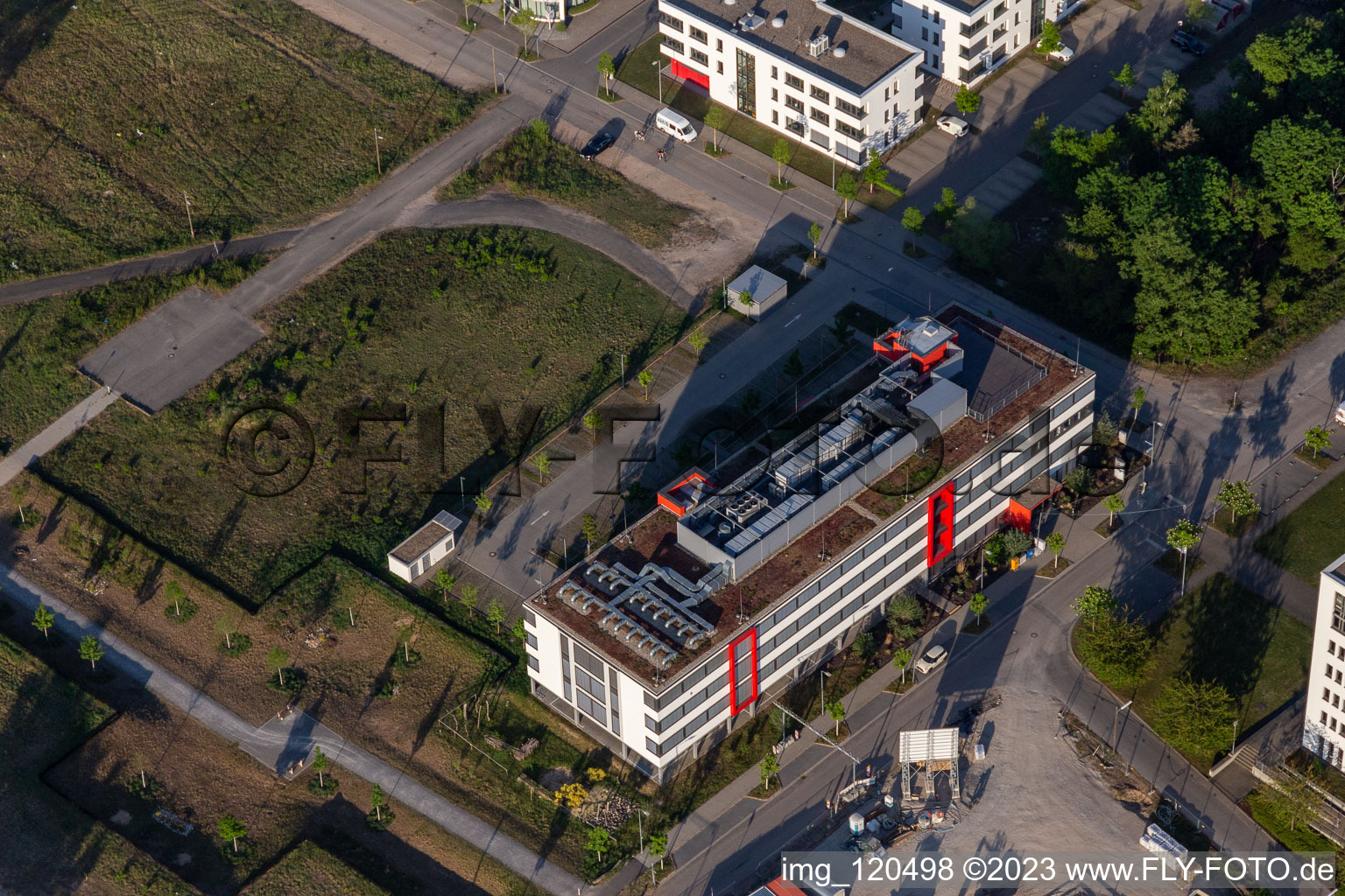 Aerial view of Microchip Technoloy in the technology park in the district Rintheim in Karlsruhe in the state Baden-Wuerttemberg, Germany