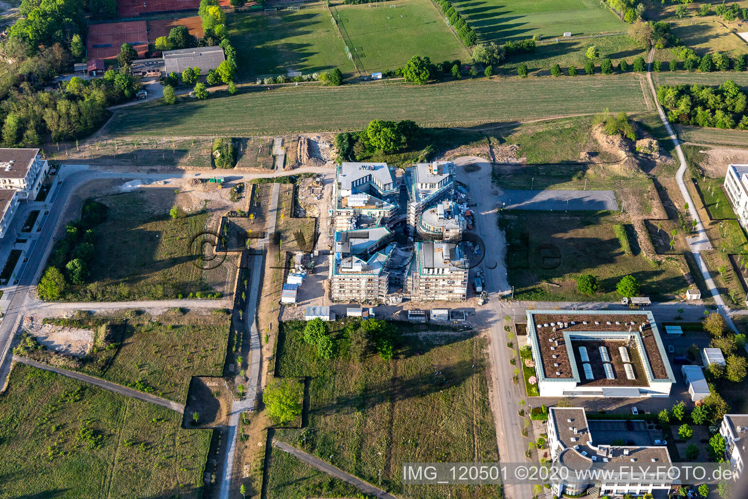 Construction site of the LTC - Linder Technology Campus on Wilhelm-Schickard-Straße in the Technology Park Karlsruhe in the district Rintheim in Karlsruhe in the state Baden-Wuerttemberg, Germany from the drone perspective