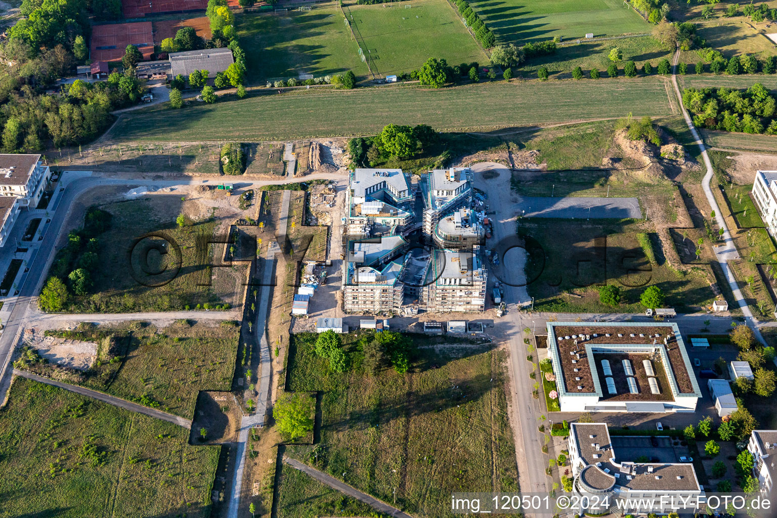 Construction site of the LTC - Linder Technology Campus on Wilhelm-Schickard-Straße in the Technology Park Karlsruhe in the district Rintheim in Karlsruhe in the state Baden-Wuerttemberg, Germany from the drone perspective