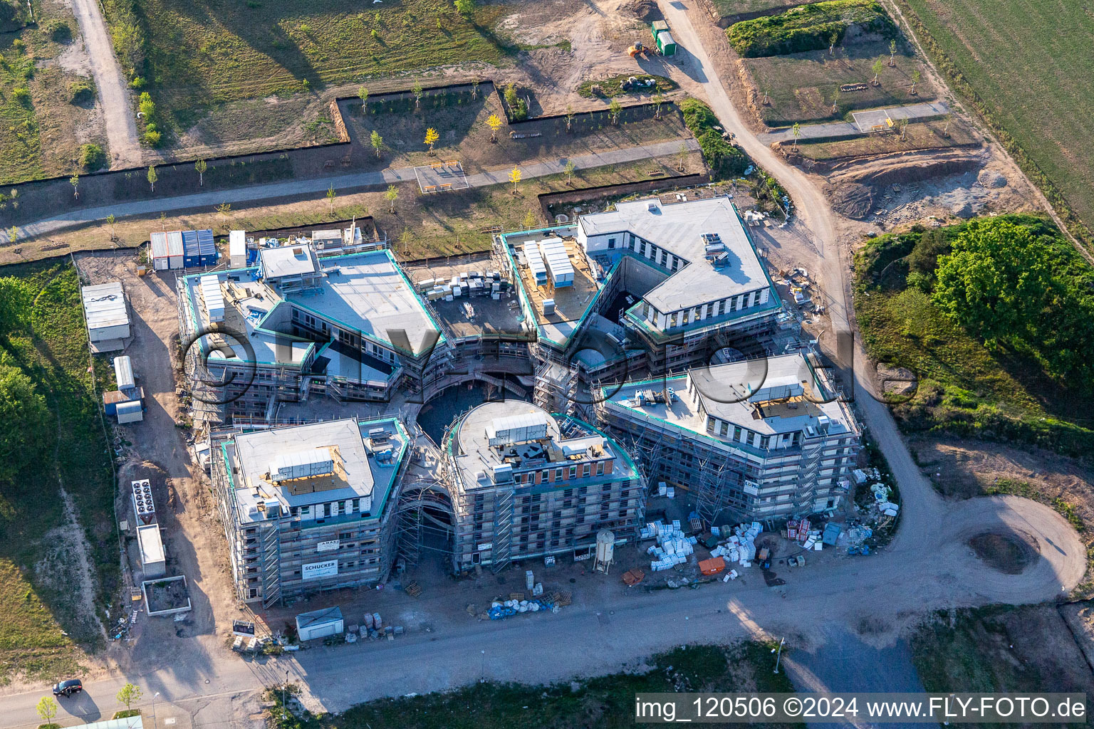 Construction site of the LTC - Linder Technology Campus in Wilhelm-Schickard-Straße in the Technology Park Karlsruhe in the district Rintheim in Karlsruhe in the state Baden-Wuerttemberg, Germany seen from a drone