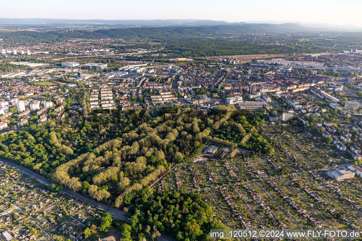 Allotment garden association Hagsfelder Allee eV and main cemetery in the district Oststadt in Karlsruhe in the state Baden-Wuerttemberg, Germany