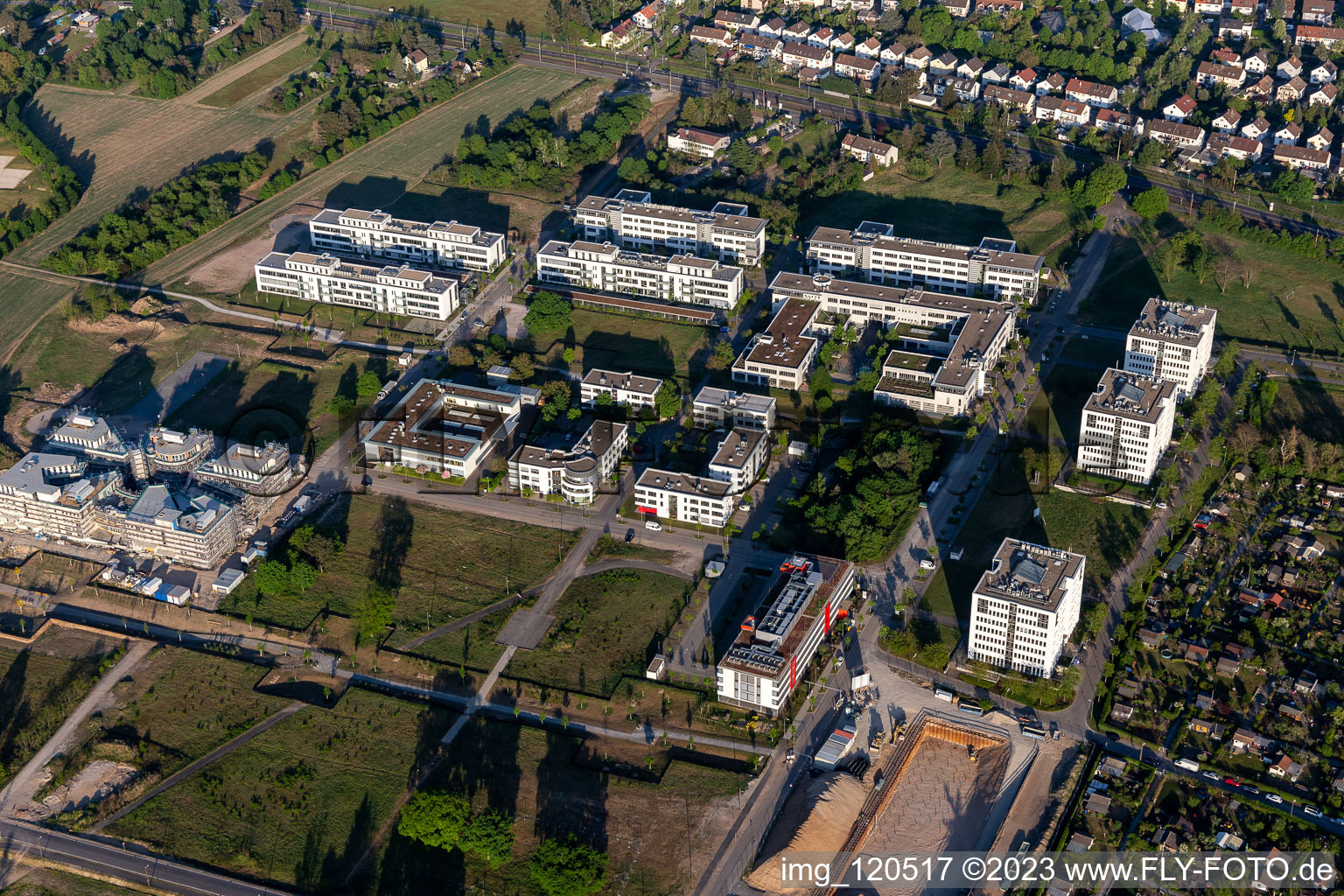 Technology Park in the district Rintheim in Karlsruhe in the state Baden-Wuerttemberg, Germany from a drone