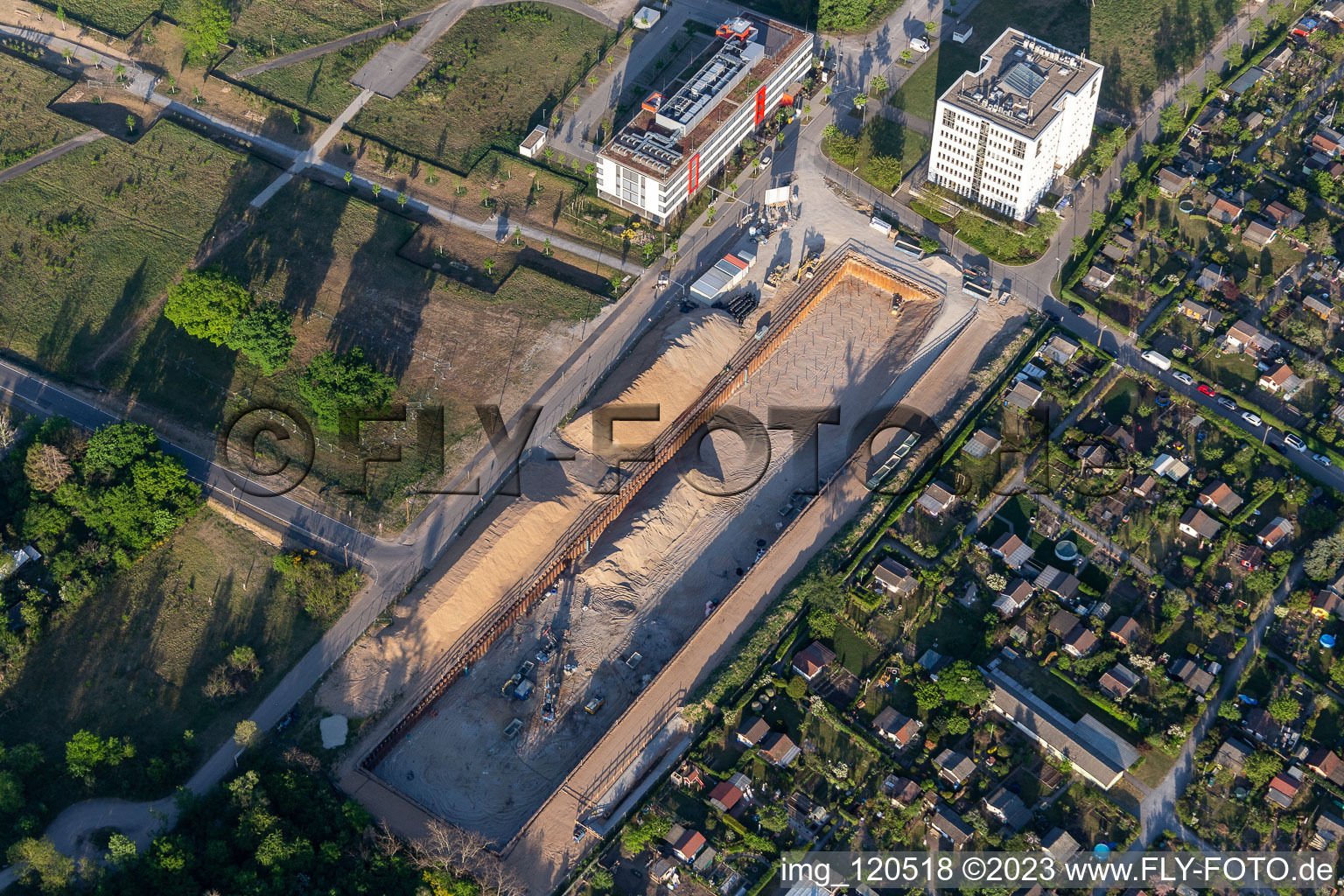 Aerial view of Construction site in the technology park in the district Rintheim in Karlsruhe in the state Baden-Wuerttemberg, Germany