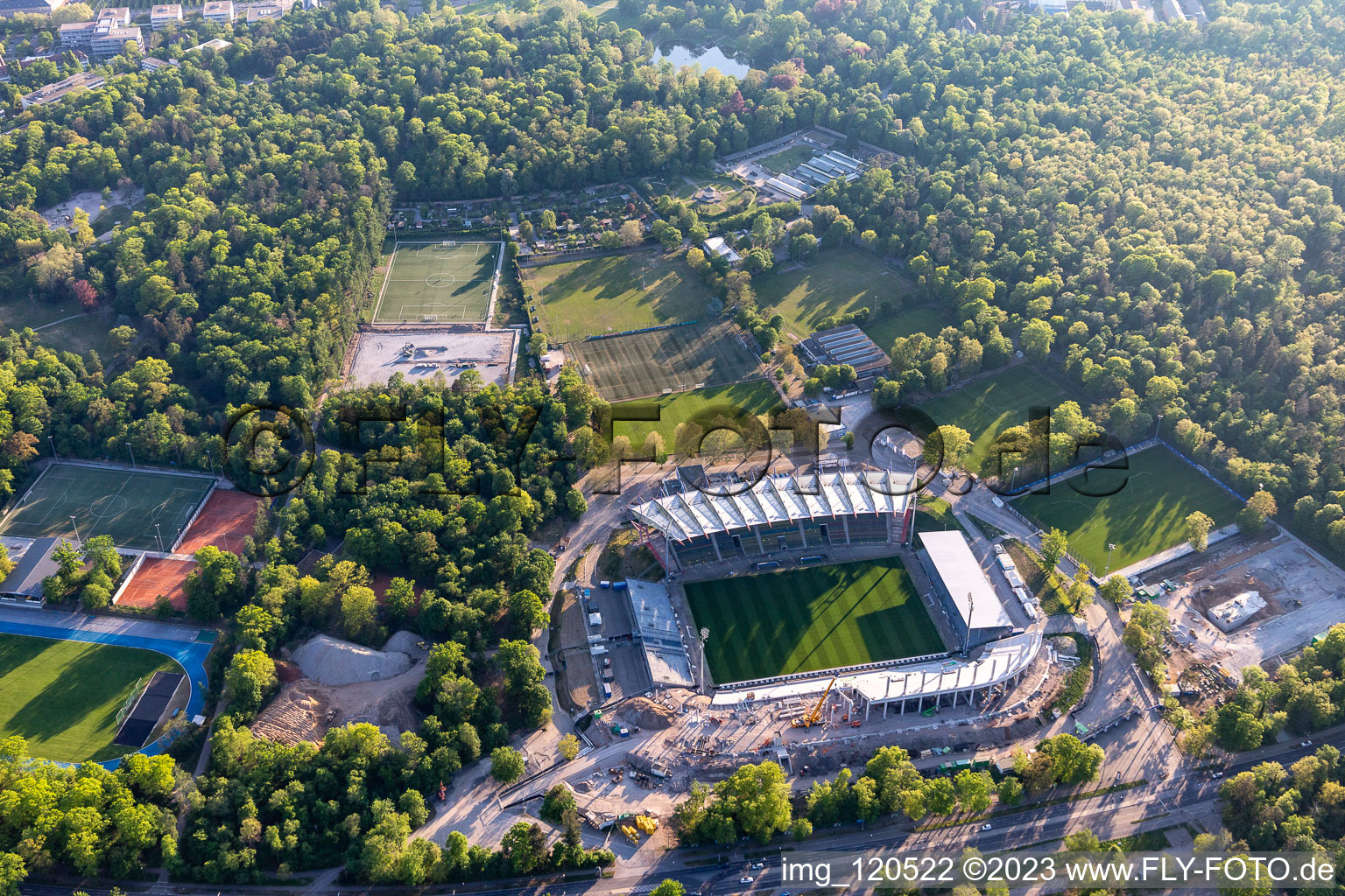 Oblique view of Extension and conversion site on the sports ground of the stadium " Wildparkstadion " in Karlsruhe in the state Baden-Wurttemberg, Germany