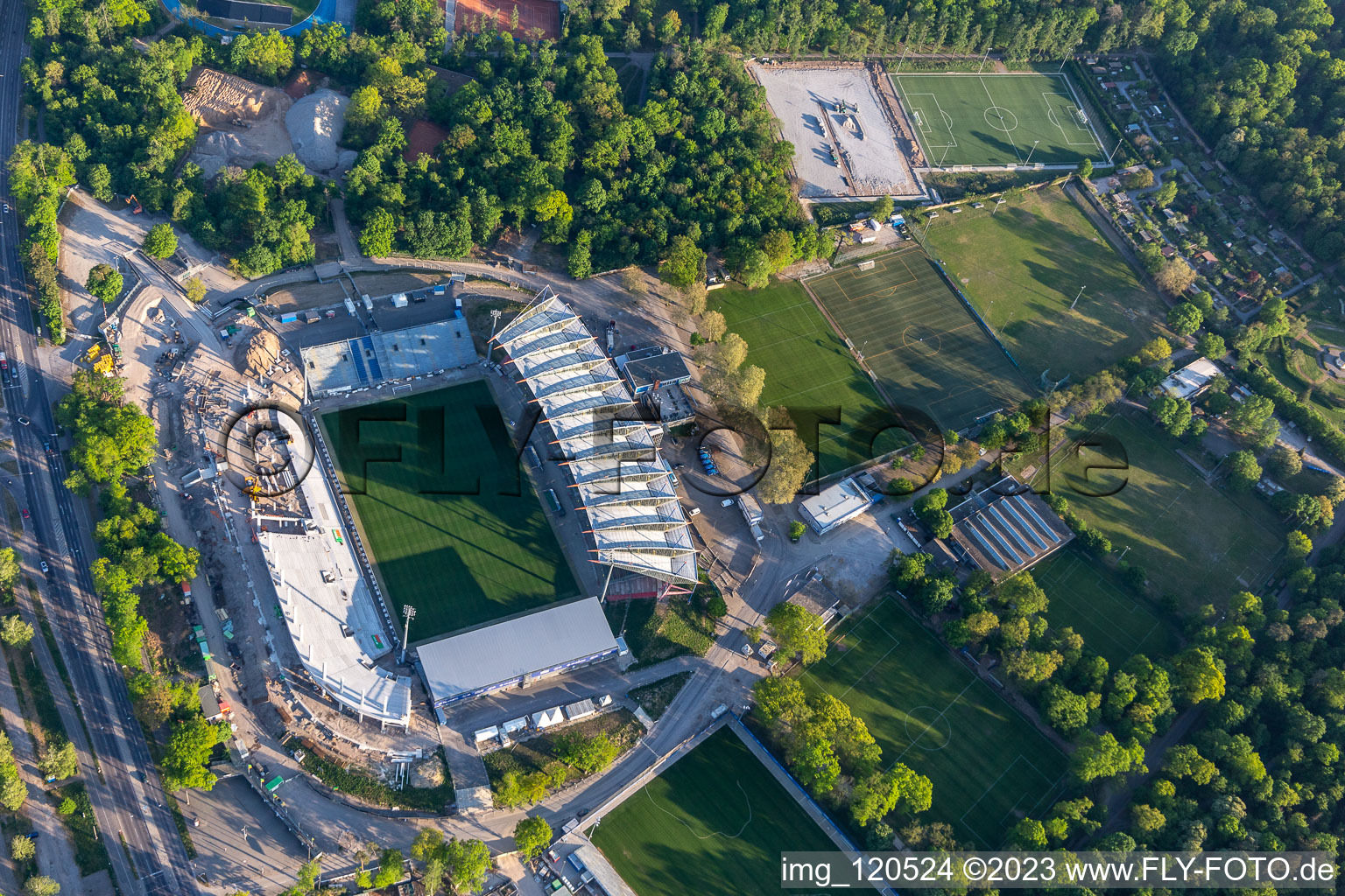 Extension and conversion site on the sports ground of the stadium " Wildparkstadion " in Karlsruhe in the state Baden-Wurttemberg, Germany from above