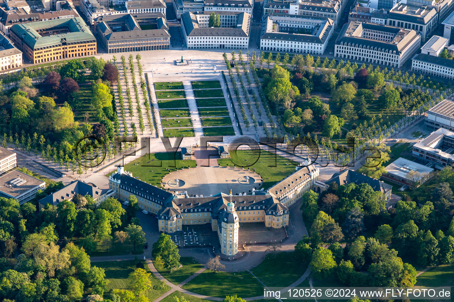 Aerial view of Building complex in the park of the castle Karlsruhe in Karlsruhe in the state Baden-Wurttemberg, Germany