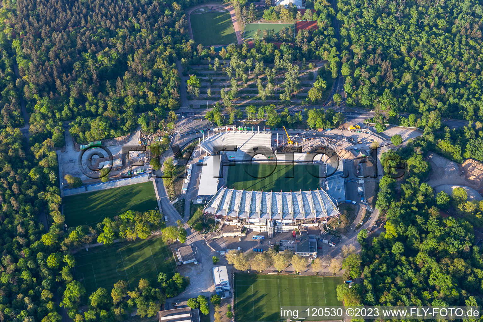 Reconstruction of the KSC wildlife park stadium in the district Innenstadt-Ost in Karlsruhe in the state Baden-Wuerttemberg, Germany from above