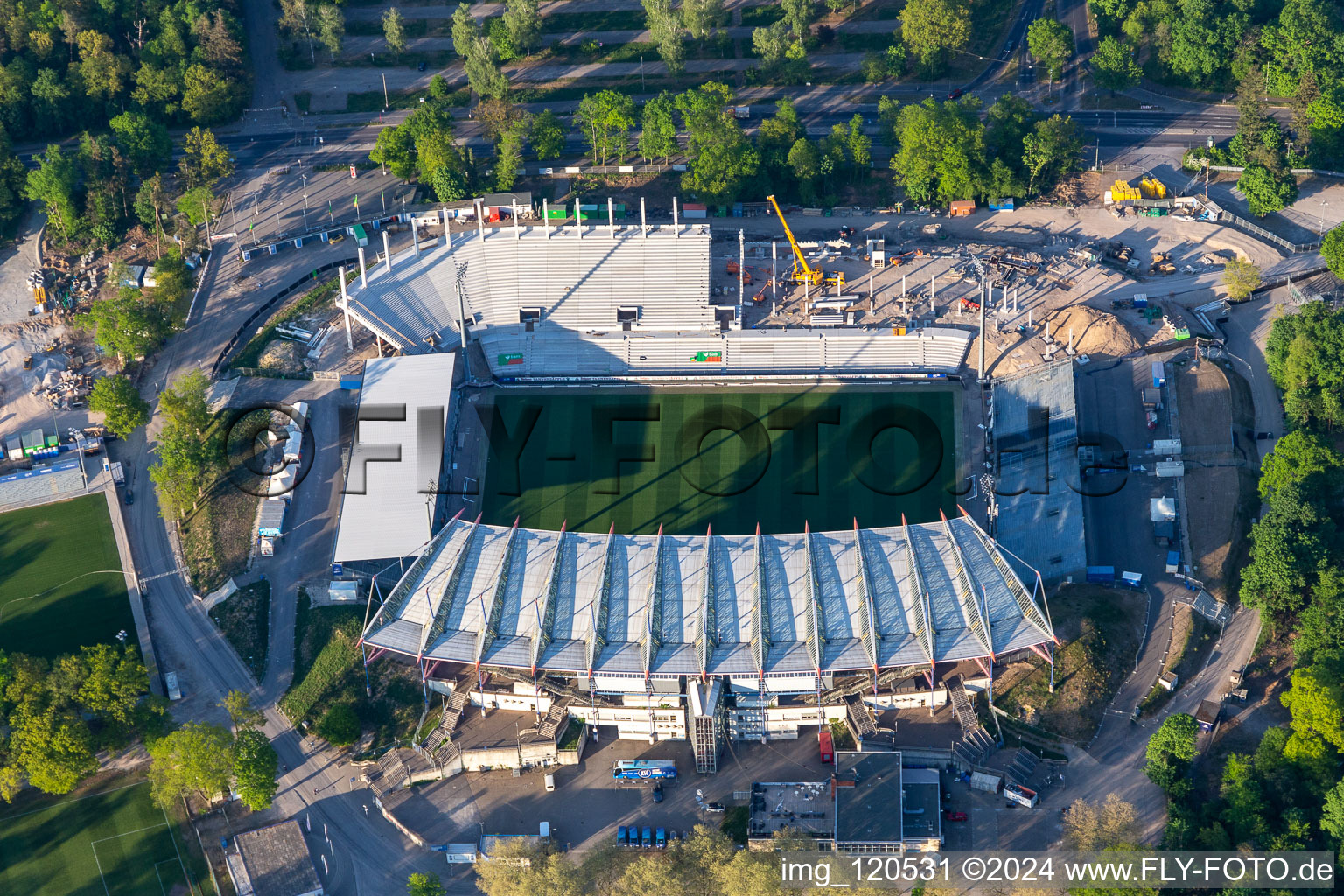 Reconstruction of the KSC Wildparkstadion in the district Innenstadt-Ost in Karlsruhe in the state Baden-Wuerttemberg, Germany out of the air