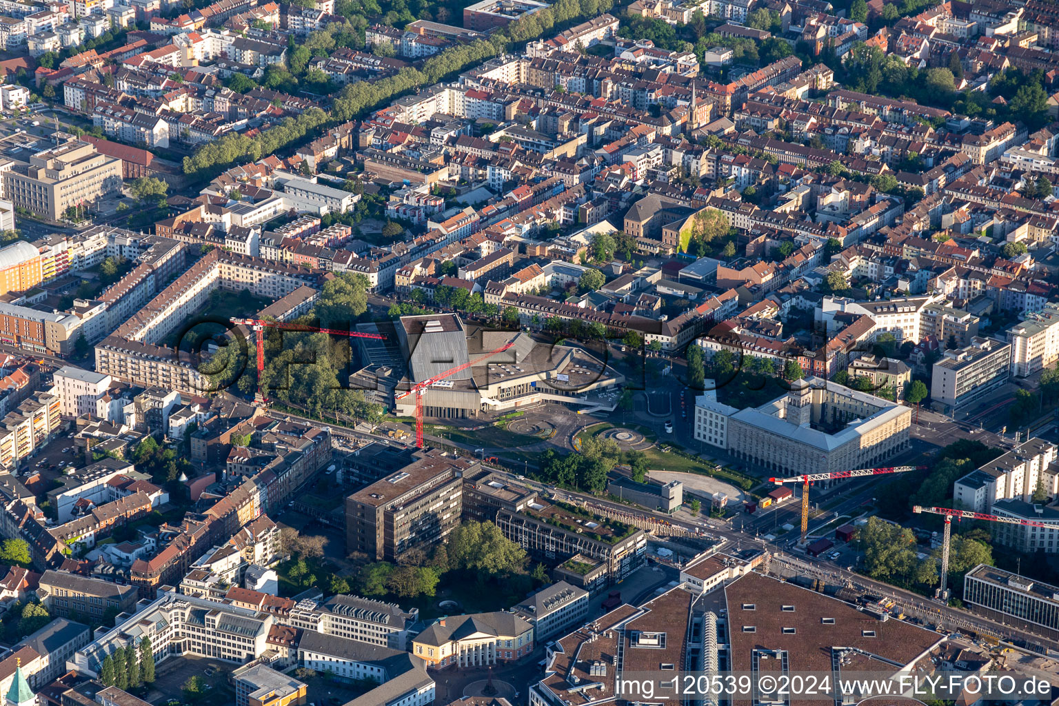 Aerial view of Ettlinger Tor with ETC and Badisches Staatstheater in the district Innenstadt-Ost in Karlsruhe in the state Baden-Wuerttemberg, Germany