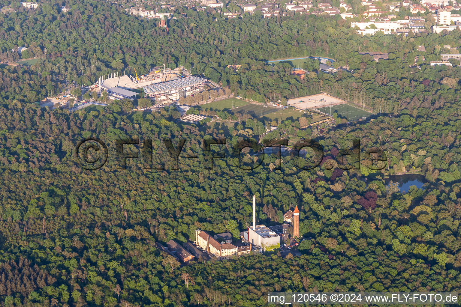 Reconstruction of the KSC Wildparkstadion in the district Innenstadt-Ost in Karlsruhe in the state Baden-Wuerttemberg, Germany seen from above