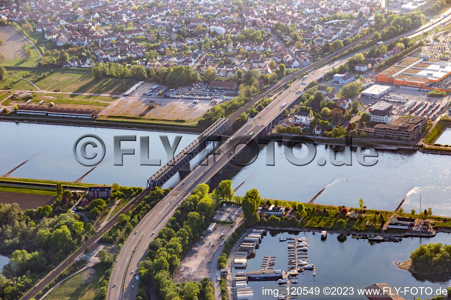 Aerial view of Renovated Rhine bridge to Wörth in the district Knielingen in Karlsruhe in the state Baden-Wuerttemberg, Germany