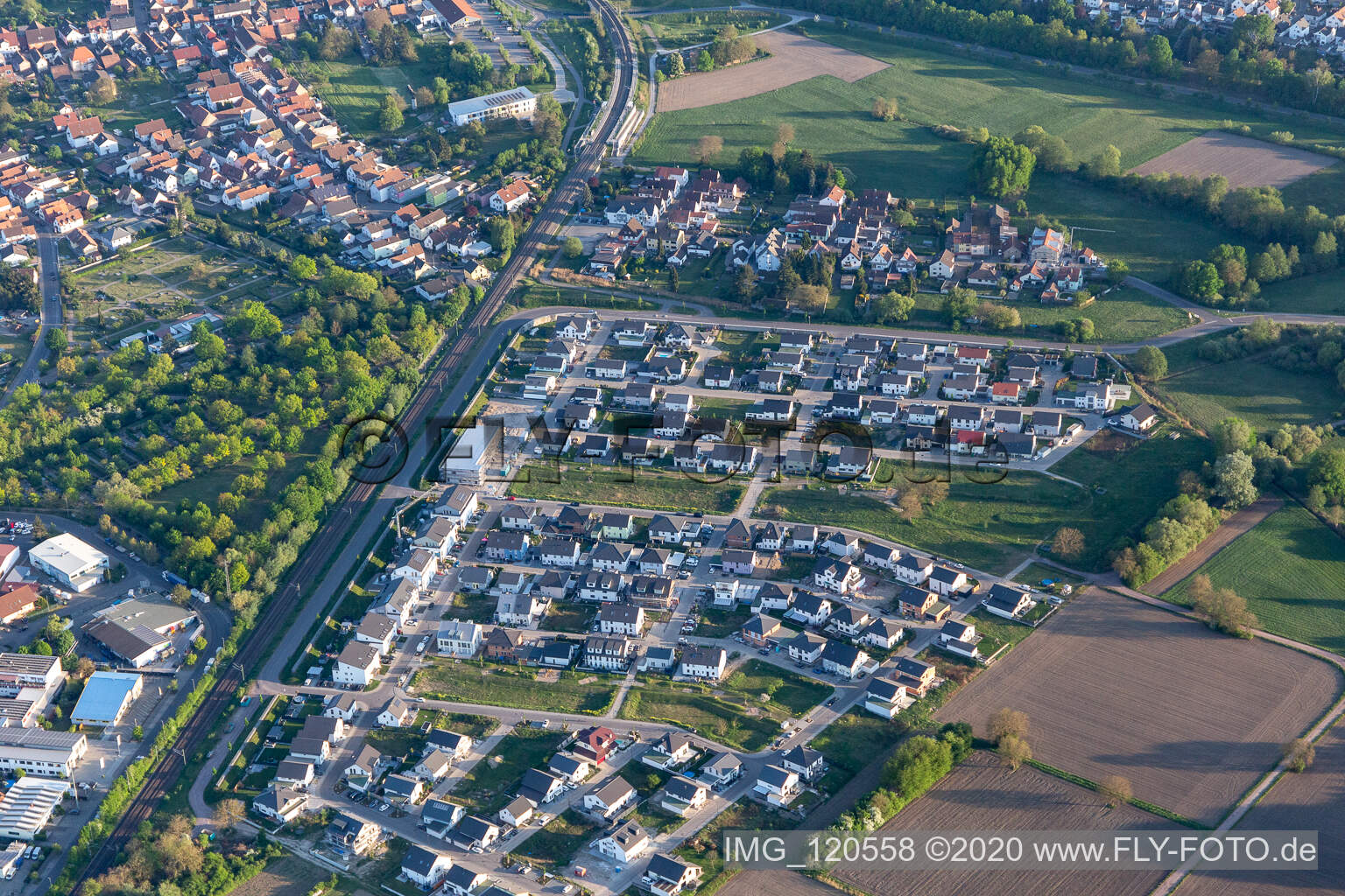 Aerial view of Paul-Klee-Ring new development area in Wörth am Rhein in the state Rhineland-Palatinate, Germany