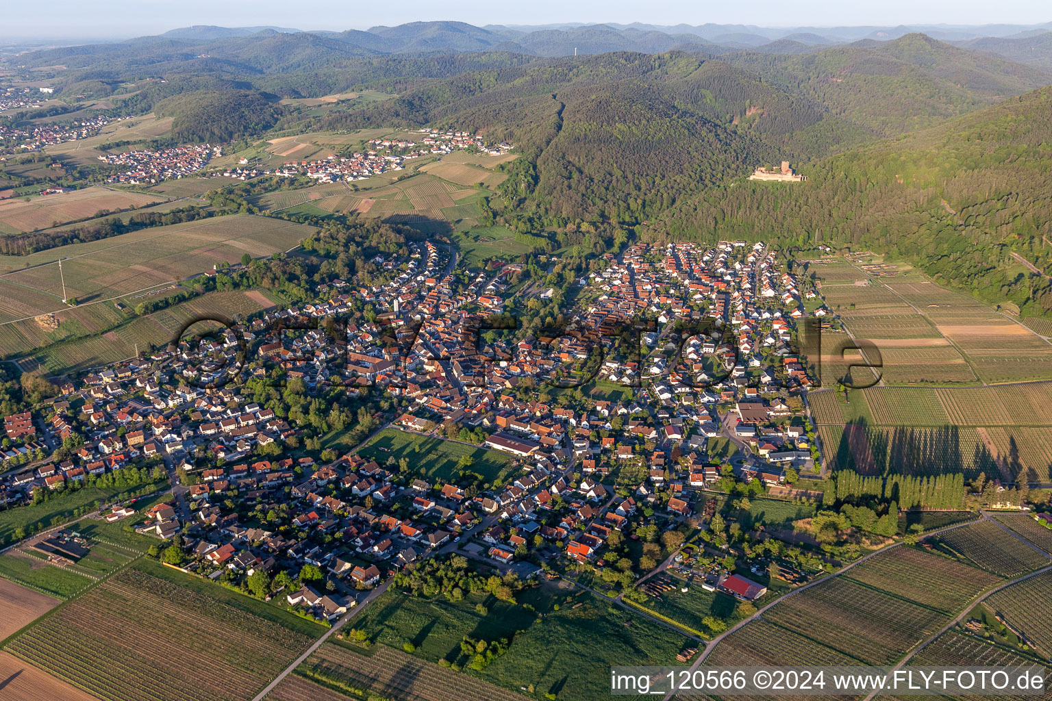 Aerial view of Landeck Castle in Klingenmünster in the state Rhineland-Palatinate, Germany