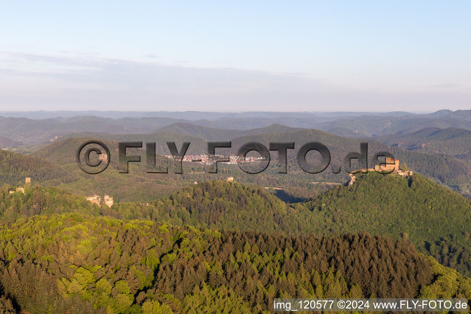 Trifels, Anebos and Scharfenberg castles in the district Bindersbach in Annweiler am Trifels in the state Rhineland-Palatinate, Germany