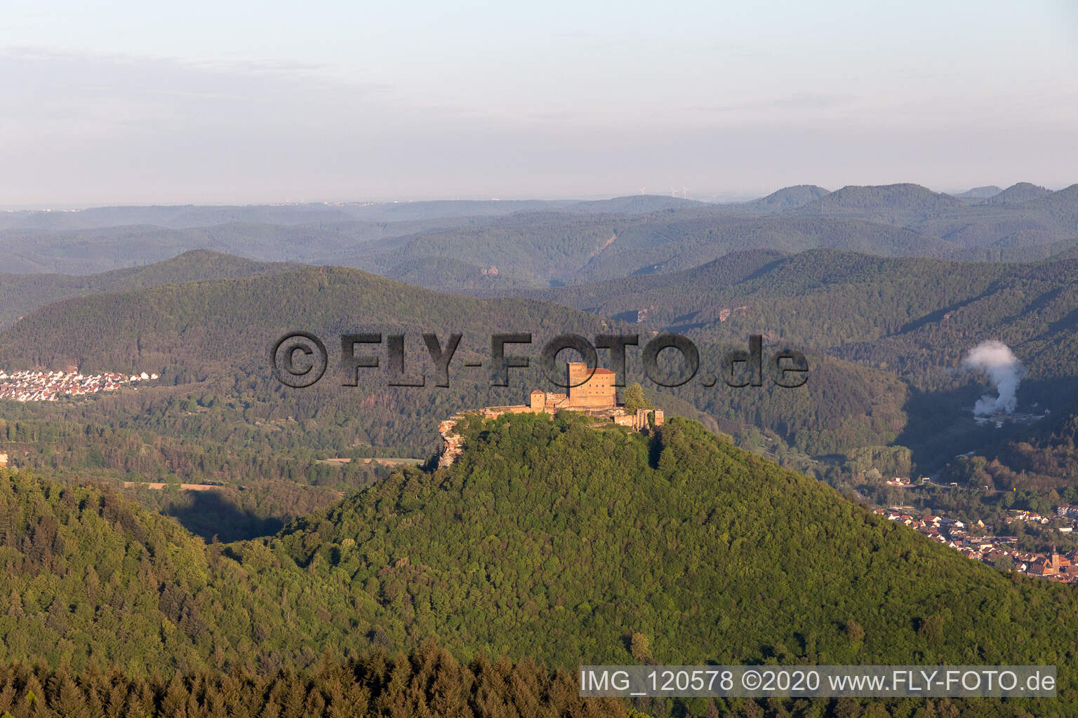 Aerial view of Trifels, Anebos and Scharfenberg castles in the district Bindersbach in Annweiler am Trifels in the state Rhineland-Palatinate, Germany
