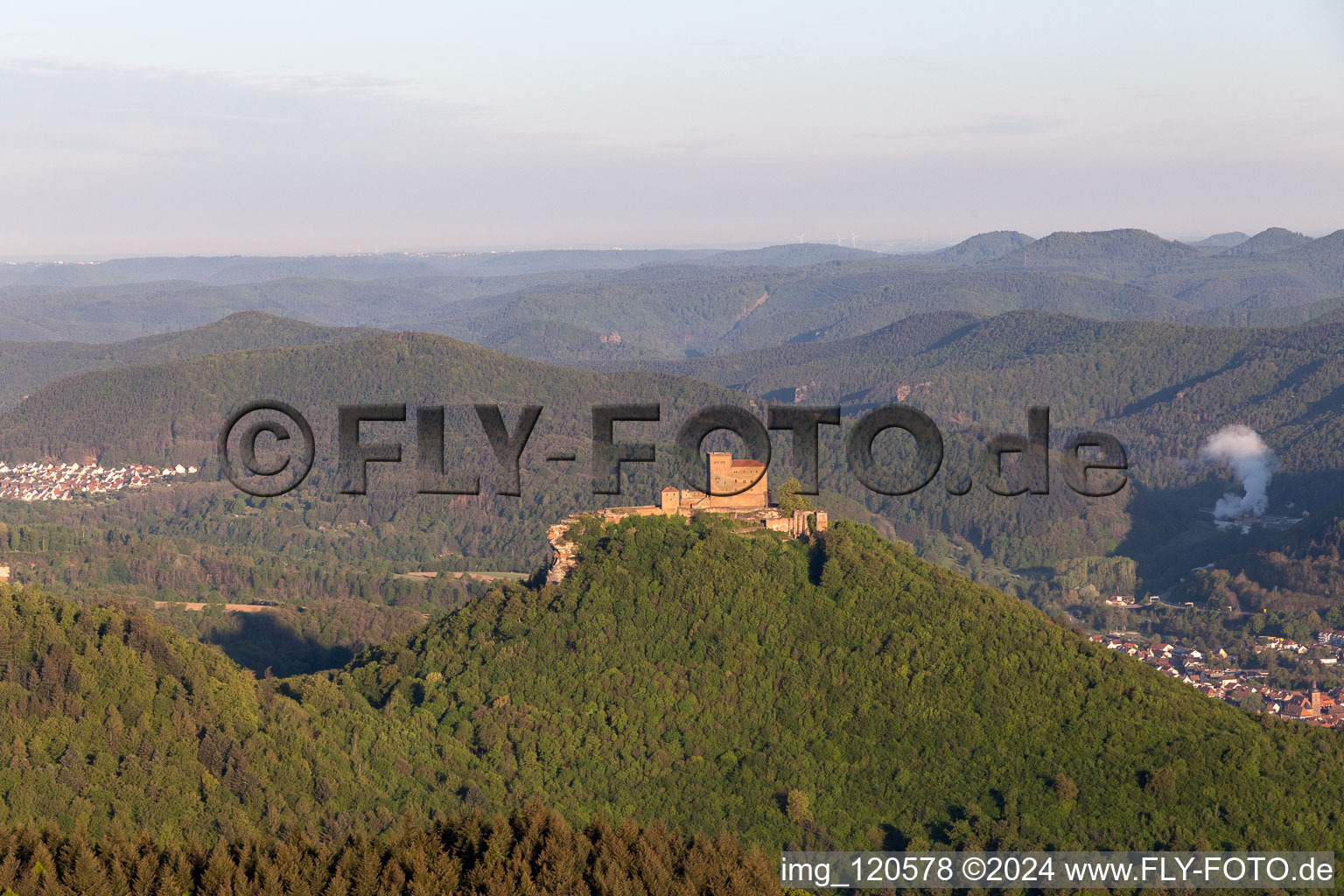 Aerial view of Castles Trifels, Anebos and Scharfenberg in the district Bindersbach in Annweiler am Trifels in the state Rhineland-Palatinate, Germany