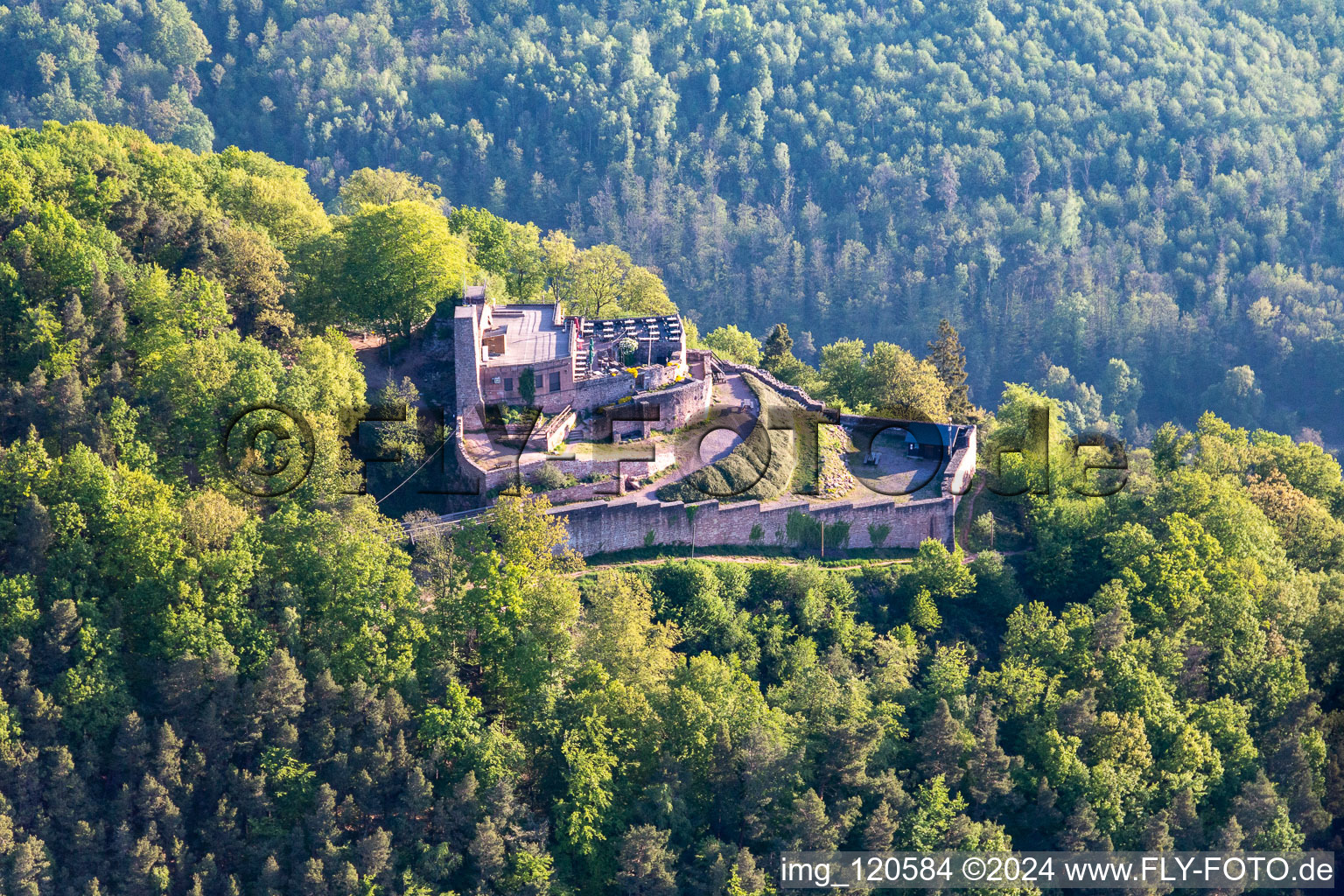 Drone recording of Rietburg in Rhodt unter Rietburg in the state Rhineland-Palatinate, Germany