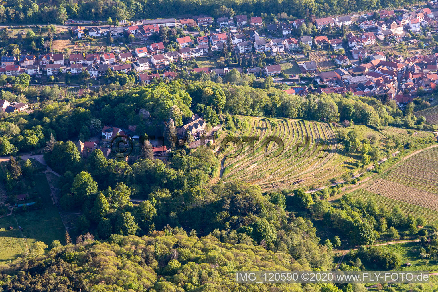 Aerial view of Kropsburg Castle in Sankt Martin in the state Rhineland-Palatinate, Germany