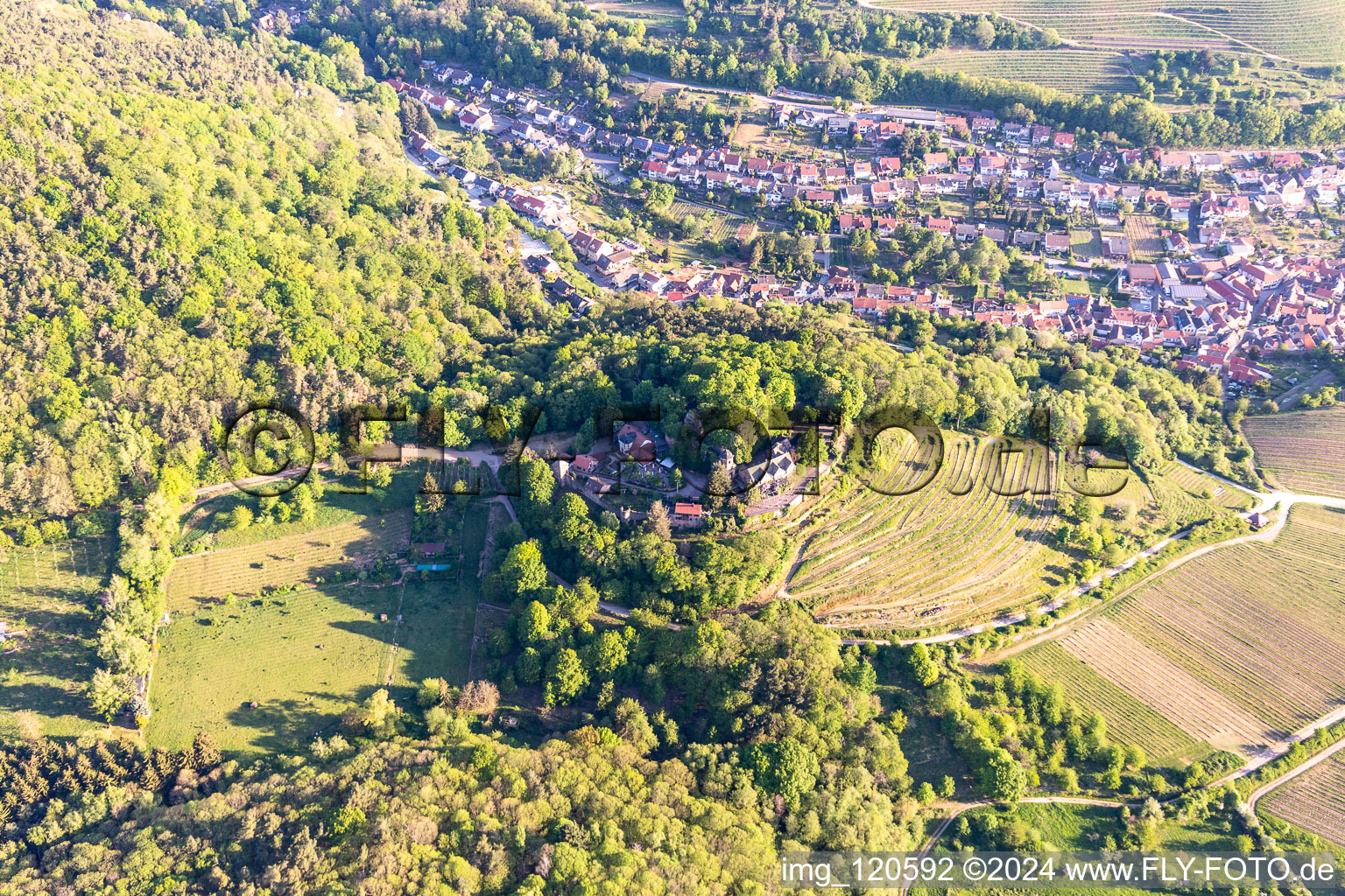 Oblique view of Kropsburg Castle in Sankt Martin in the state Rhineland-Palatinate, Germany