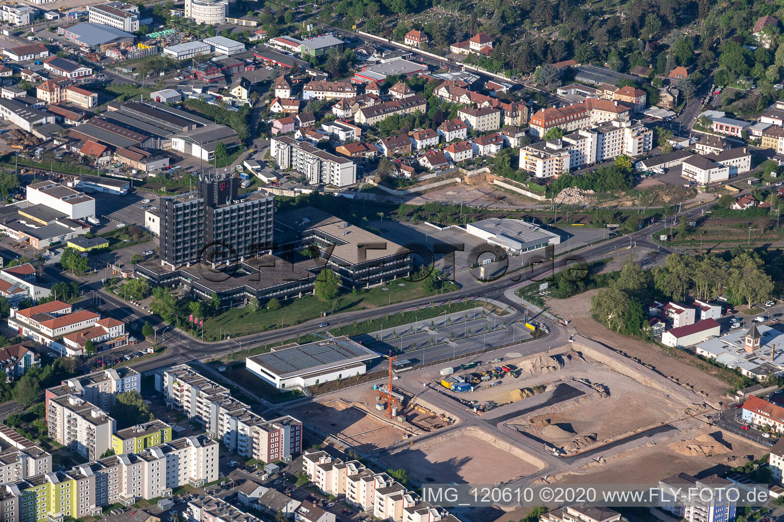 Aerial view of Construction site in front of Deutsche Telekom in Neustadt an der Weinstraße in the state Rhineland-Palatinate, Germany