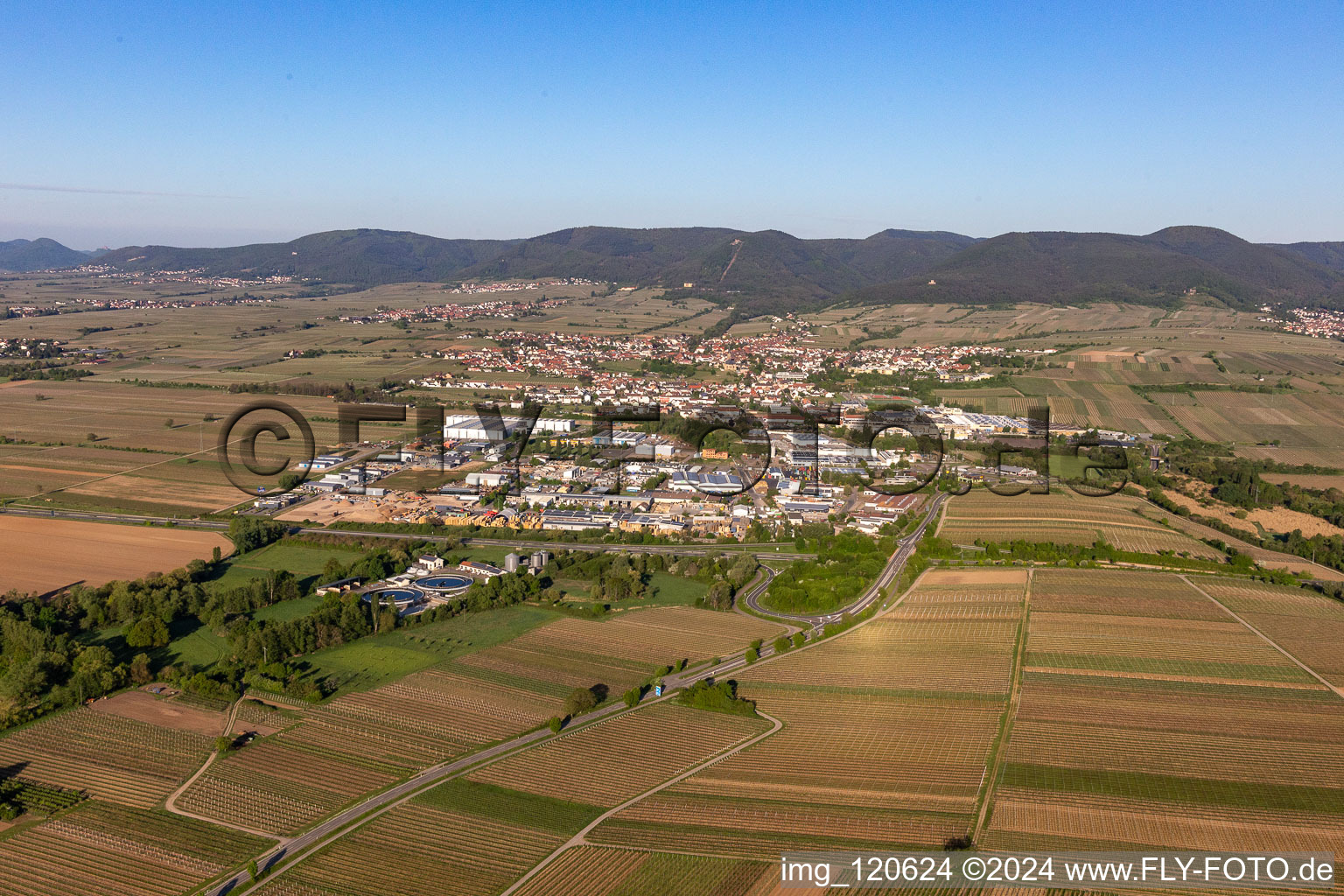 Location view of the streets and houses of residential areas in the rhine valley landscape surrounded by mountains in Edenkoben in the state Rhineland-Palatinate, Germany