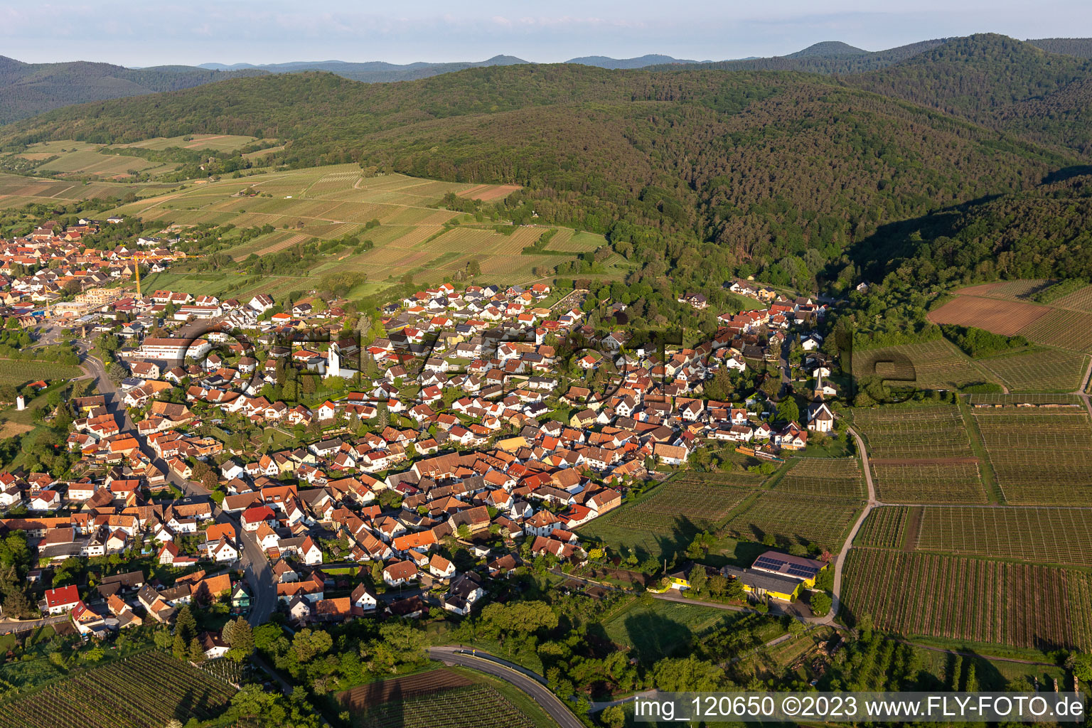 District Rechtenbach in Schweigen-Rechtenbach in the state Rhineland-Palatinate, Germany from the plane