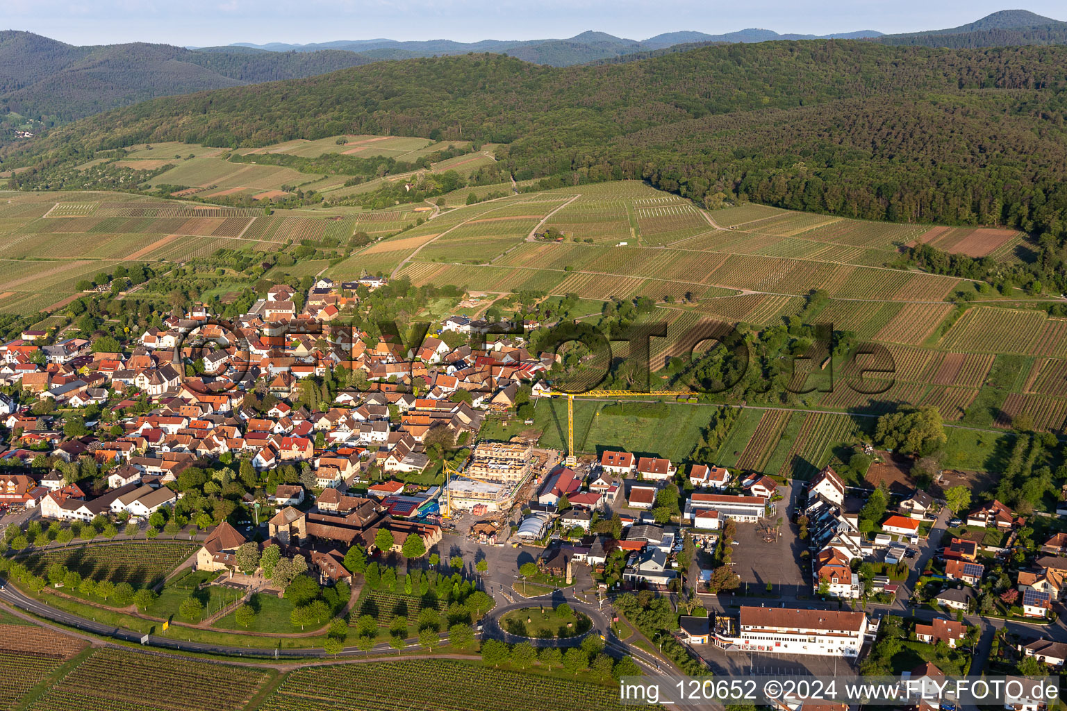 Aerial view of New building behind the Weintor in Schweigen in the district Schweigen in Schweigen-Rechtenbach in the state Rhineland-Palatinate, Germany