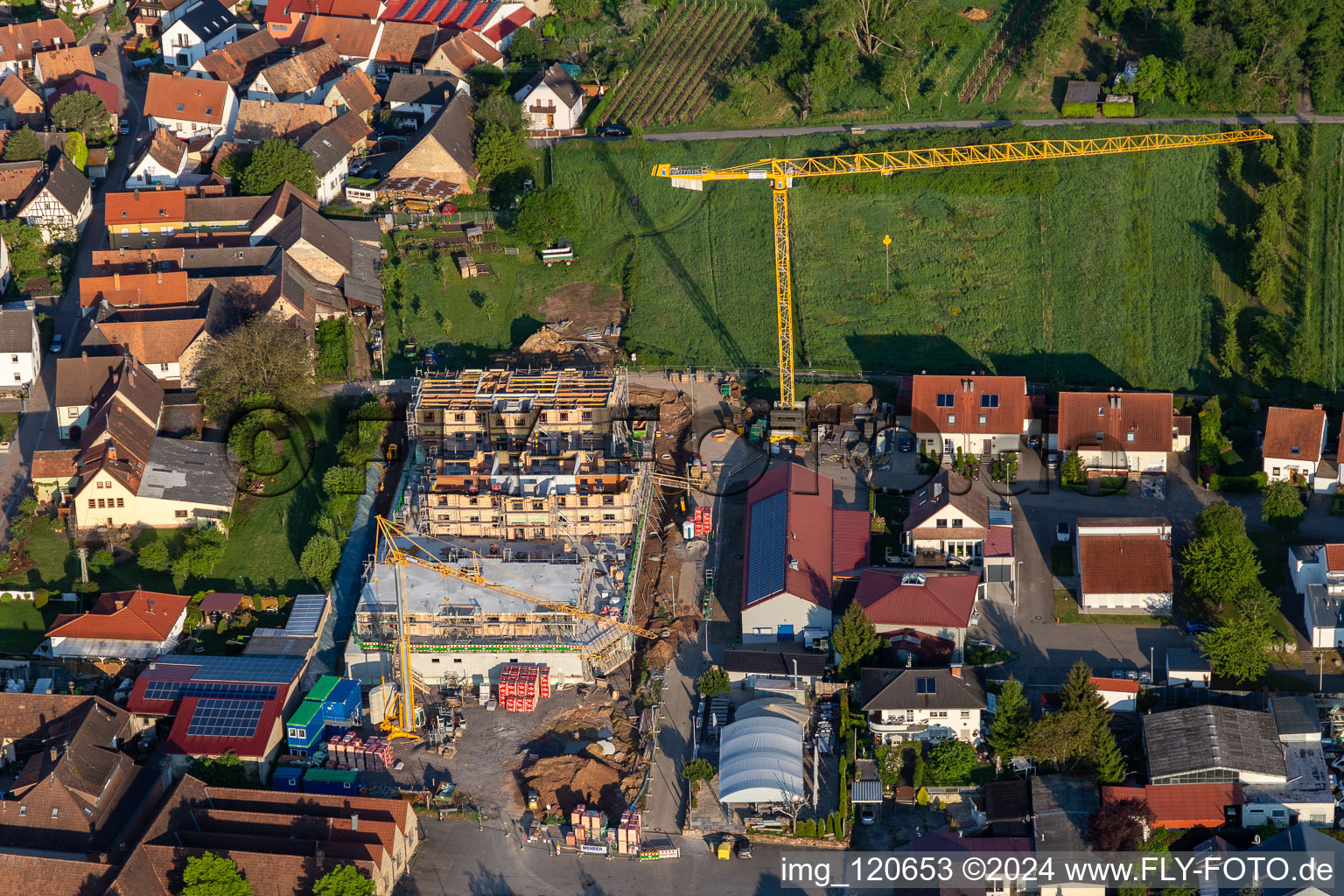 Aerial photograpy of New building behind the Weintor in Schweigen in the district Schweigen in Schweigen-Rechtenbach in the state Rhineland-Palatinate, Germany