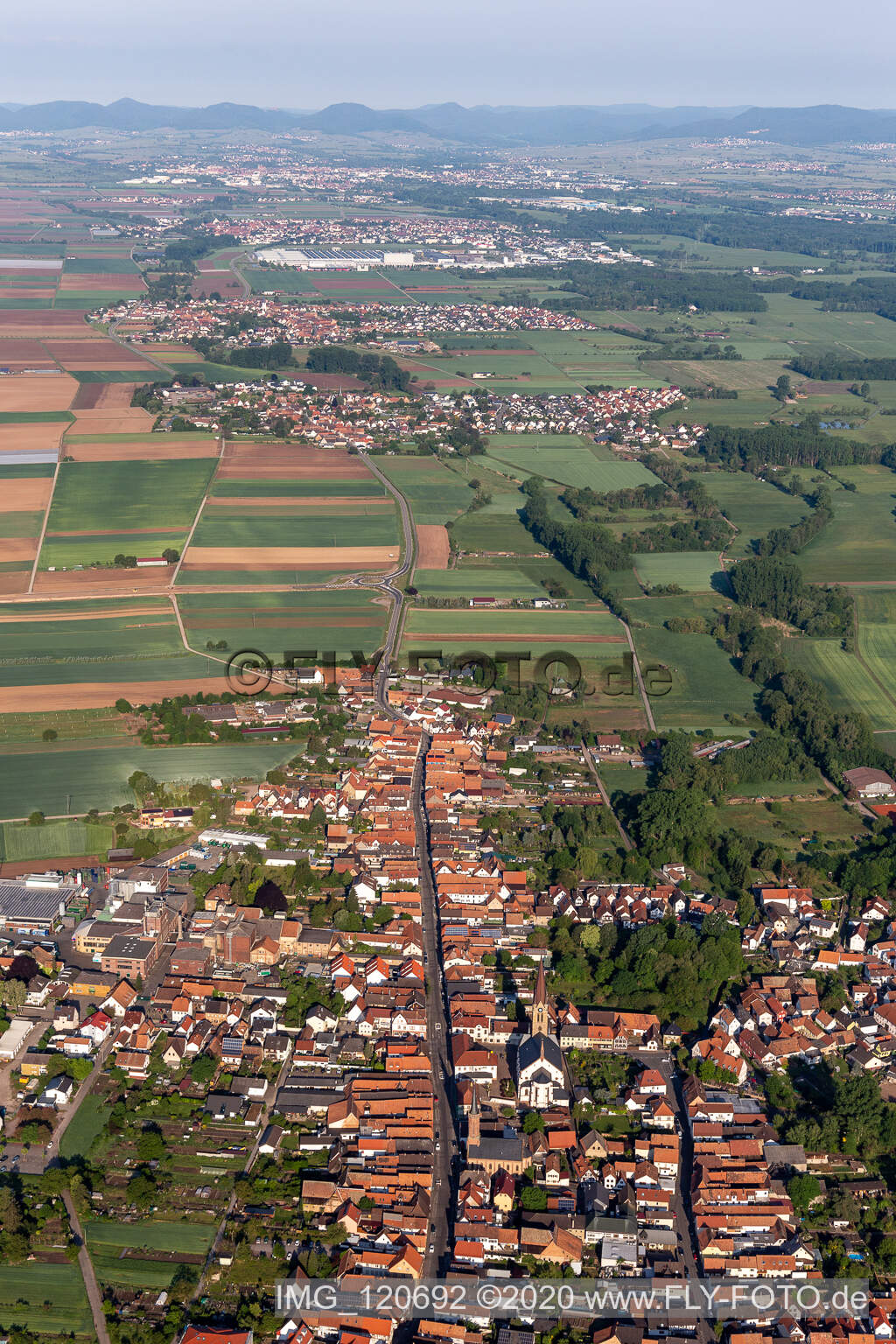 Aerial view of Town View of the streets and houses of the residential areas in Bellheim in the state Rhineland-Palatinate