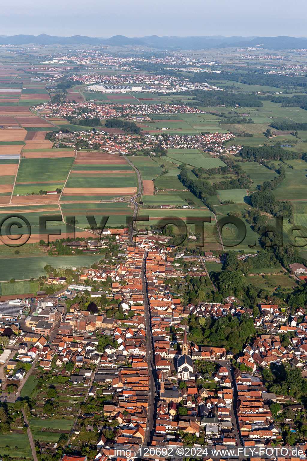 Aerial view of Town View of the streets and houses of the residential areas in Bellheim in the state Rhineland-Palatinate