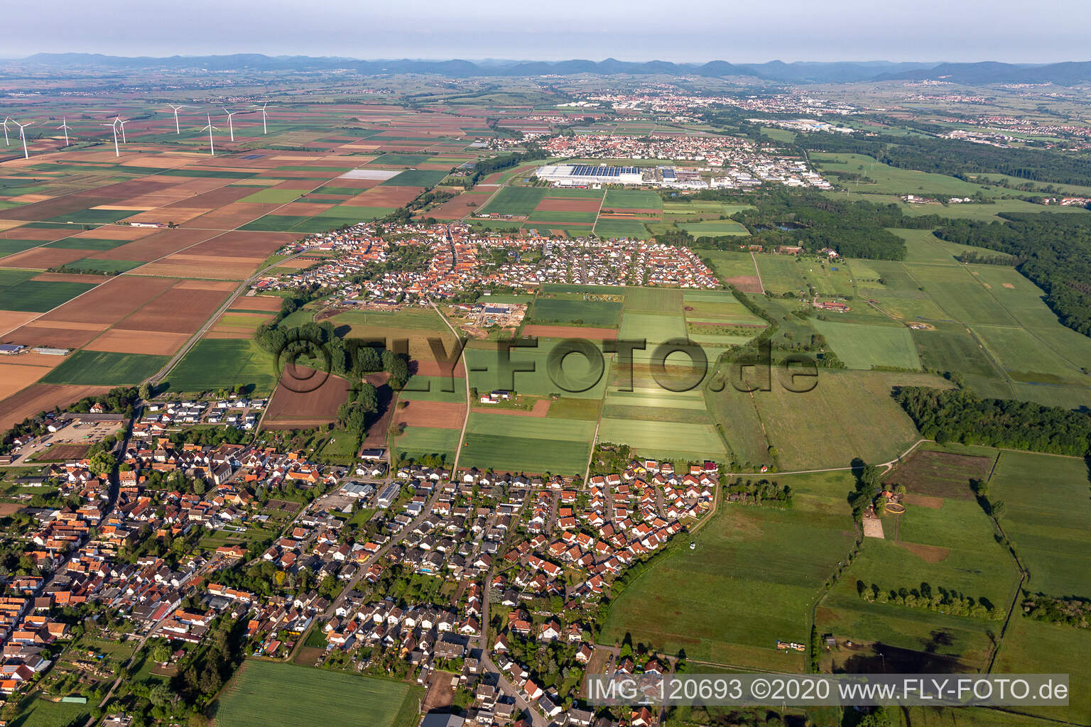 Aerial view of Town View of the streets and houses of the residential areas in Ottersheim bei Landau in the state Rhineland-Palatinate, Germany